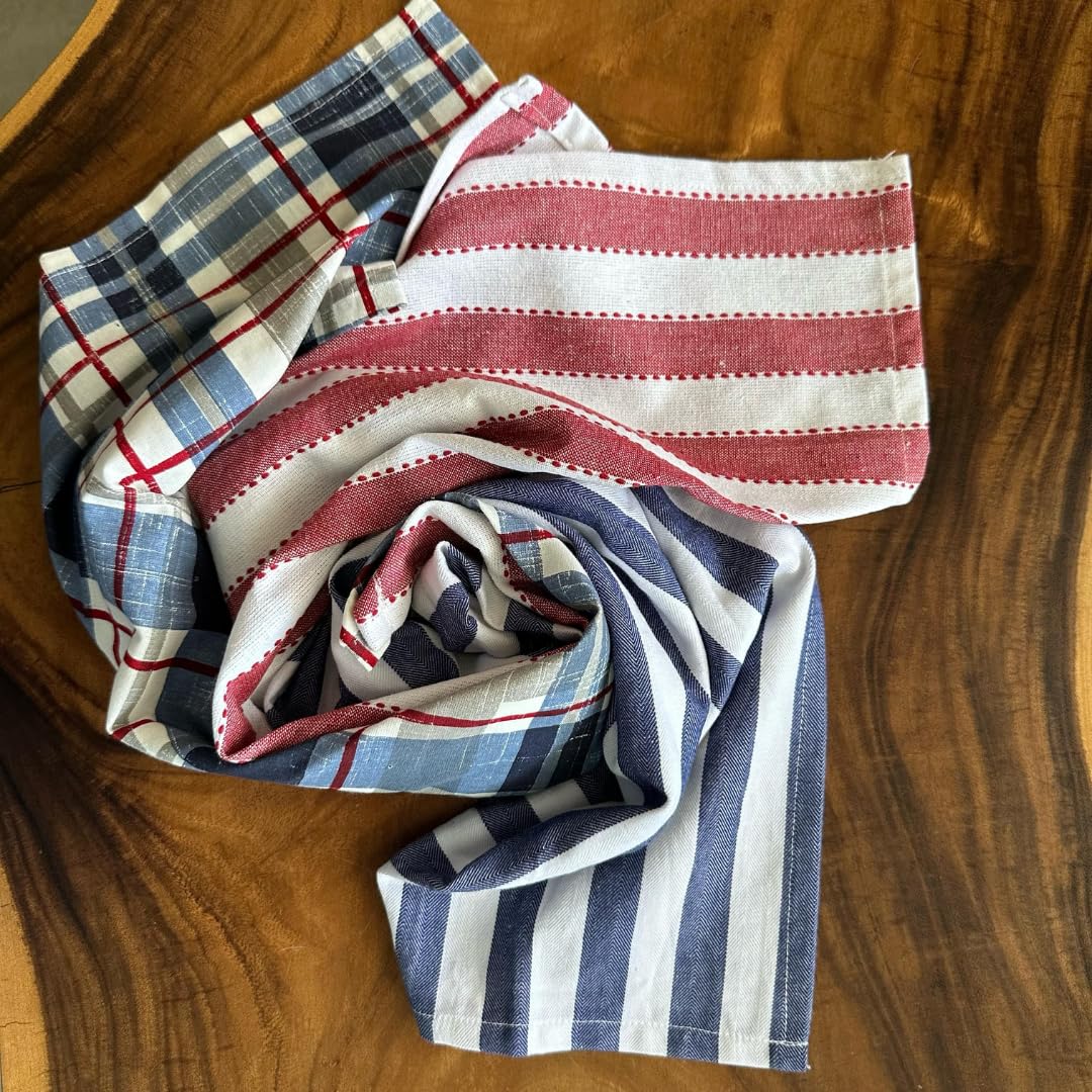 Oak & Lily Kitchen Towels – Blue Check & Elegant Patterns | Set of 6 | 100% Cotton | Anti-Bacterial | Premium European Quality