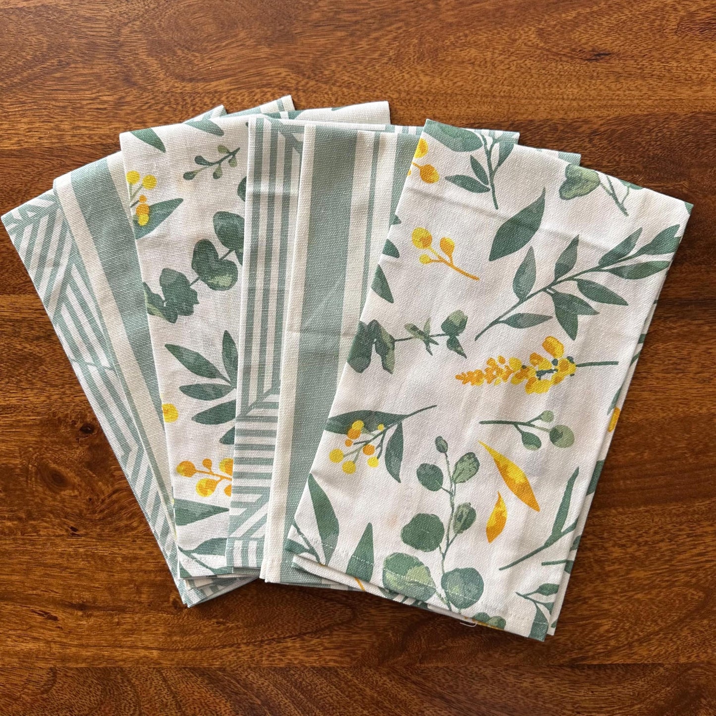 Oak & Lily Kitchen Towels – Sage Green Leaf & Stripes | Set of 6 | 100% Cotton | Anti-Bacterial | Premium European Quality