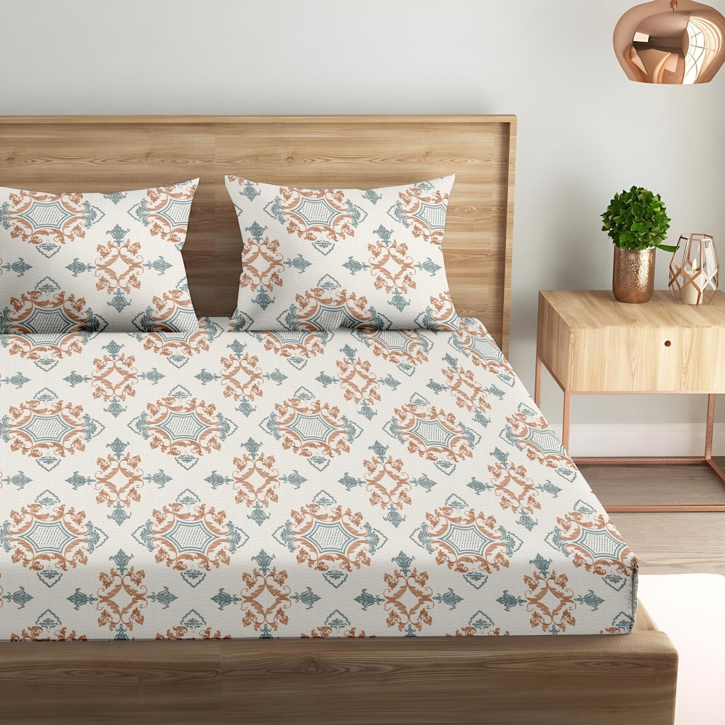 Oak & Lily King Size Bedsheet – Paradise Charm Orange & Blue | 210 TC | 100% Cotton | 2 Pillow Covers | Soft, Washable, Premium European Quality