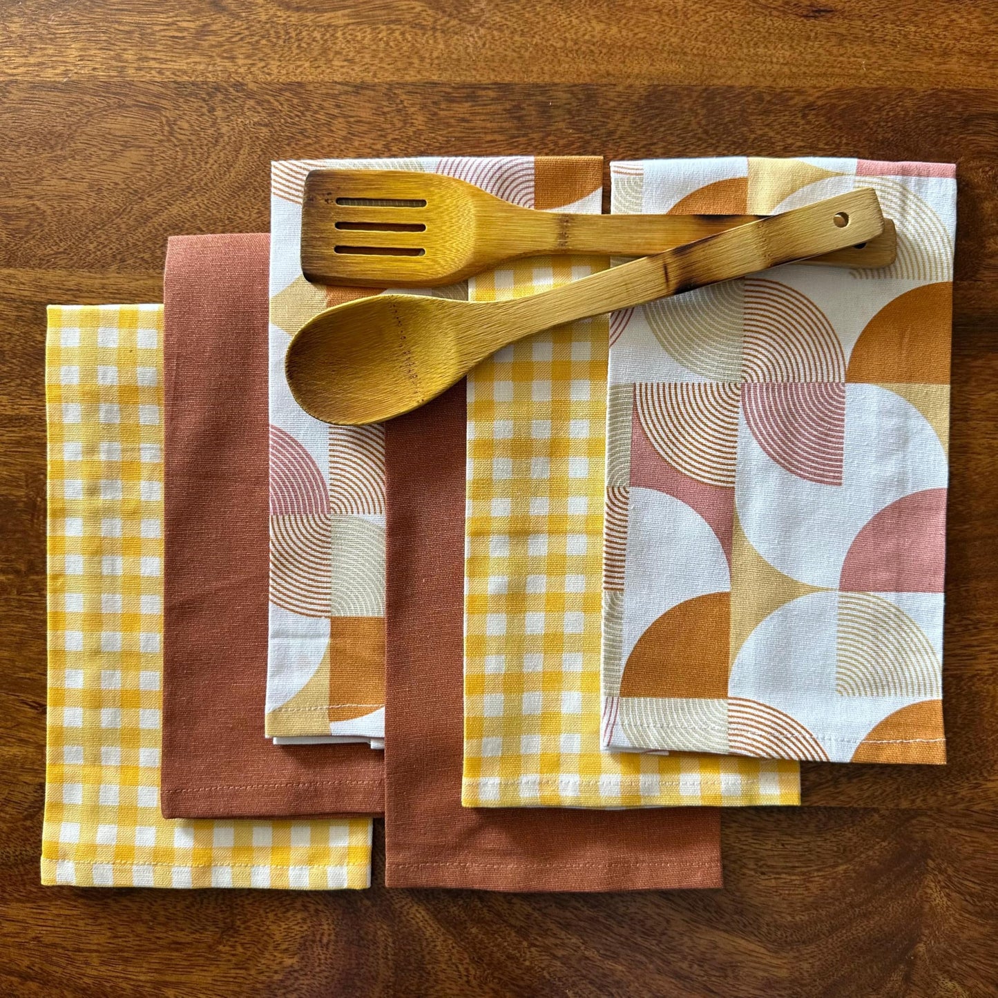 Oak & Lily Kitchen Towels – Rust Abstract & Yellow Check | Set of 6 | 100% Cotton | Premium European Quality | Anti-Bacterial