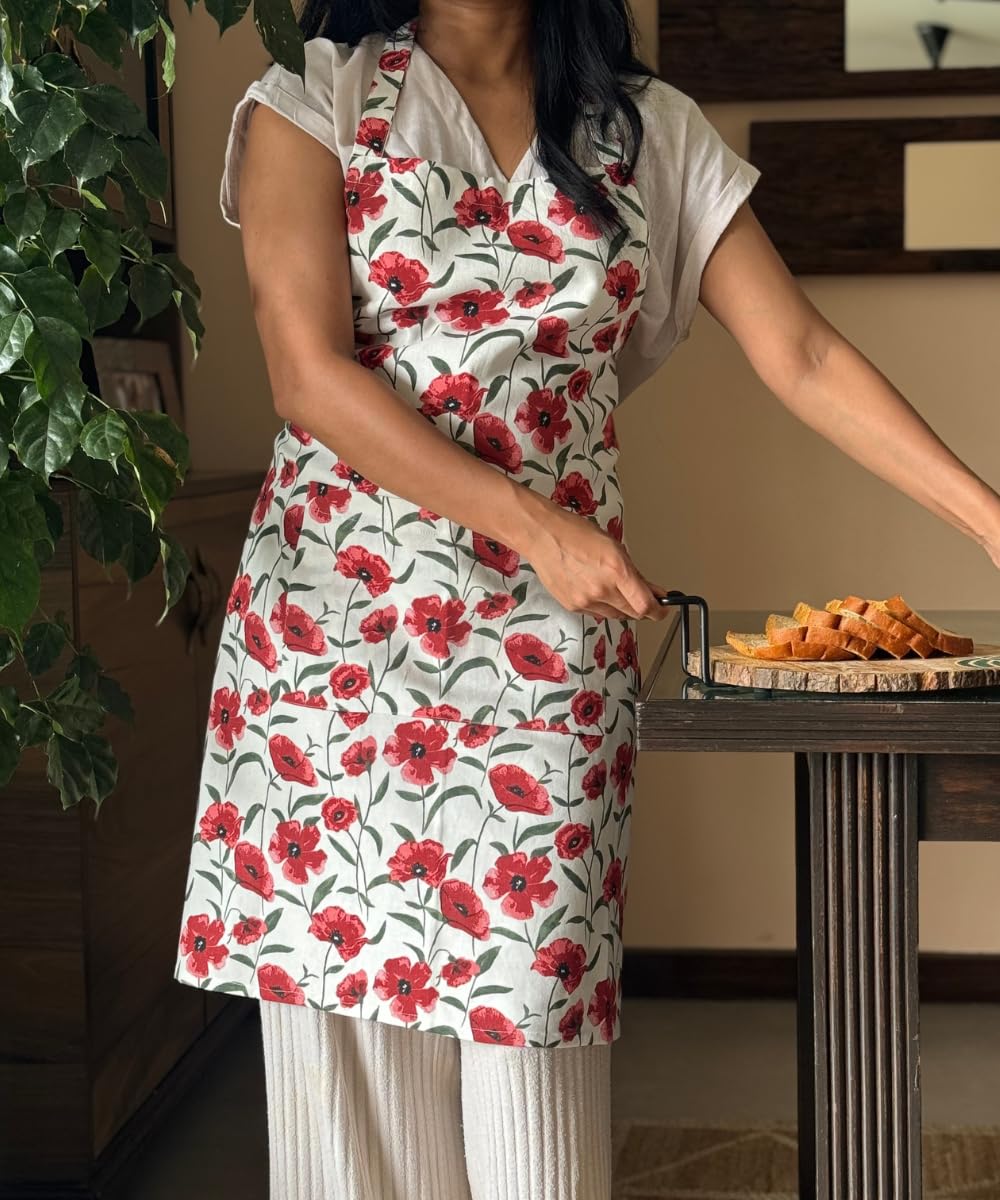 Oak & Lily Kitchen Linen Combo – Red Poppy Apron, Polka Dot Pot Holders & 3 Cotton Napkins | 100% Cotton | Heat Resistant | European Quality