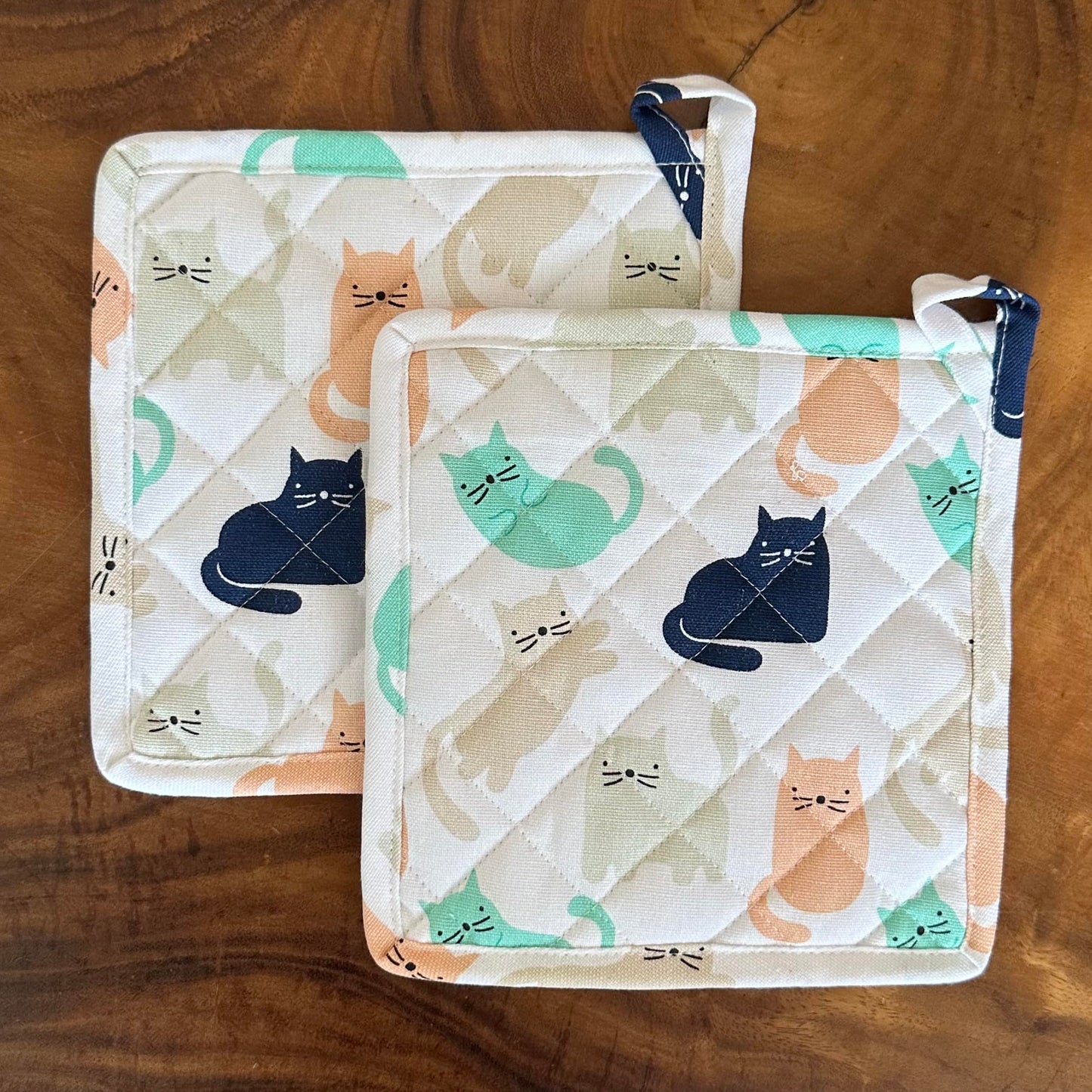 Oak & Lily Pot Holders – Multicolour Quirky Cat Print | Set of 2 | 100% Cotton | Heat Resistant | European Quality