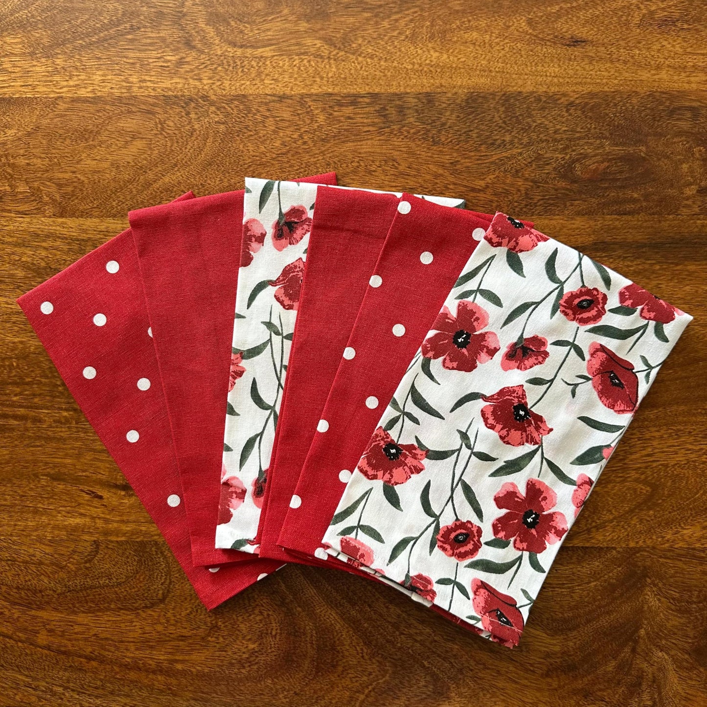 Oak & Lily Kitchen Towels – Red Poppy & Polka Print | Set of 6 | 100% Cotton | Anti-Bacterial | Premium European Quality