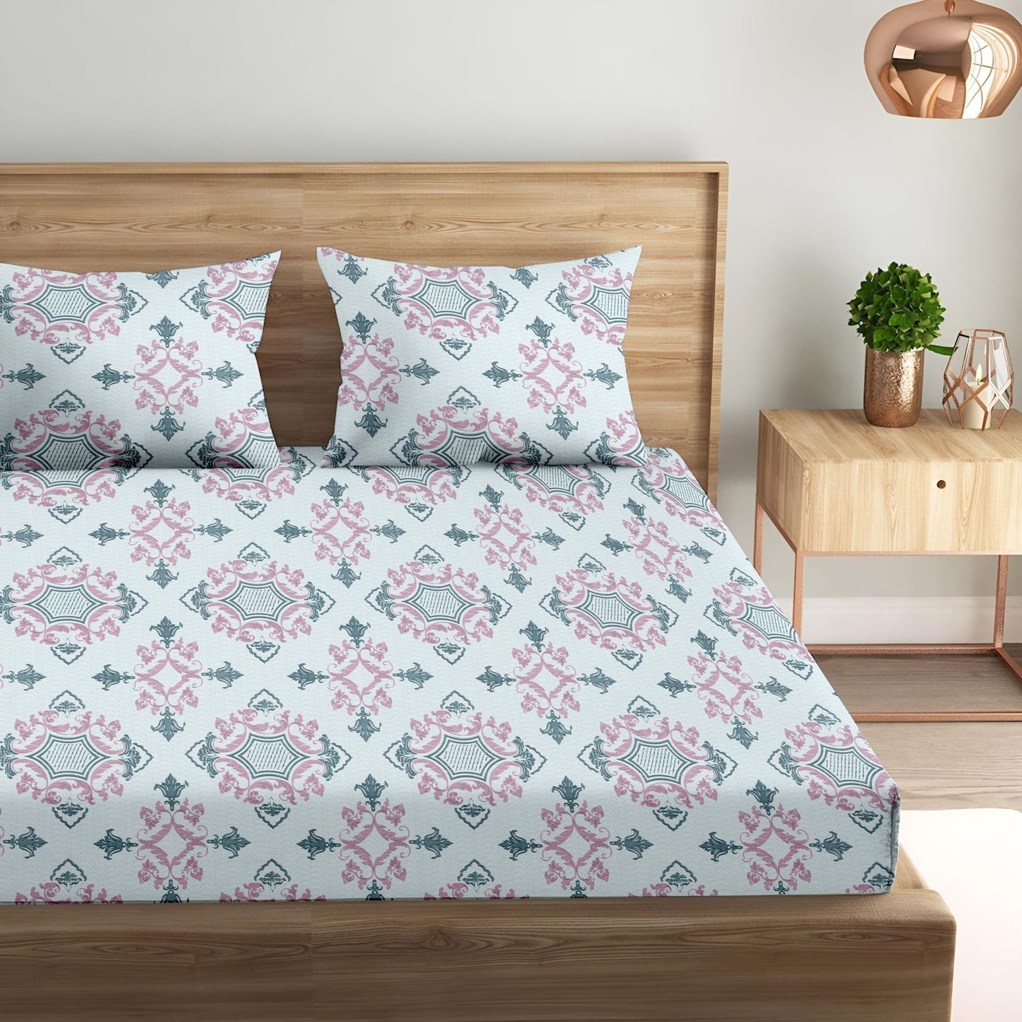 Oak & Lily King Size Bedsheet – Paradise Charm Blue & Pink | 210 TC | 100% Cotton | 2 Pillow Covers | Soft, Breathable, European Quality