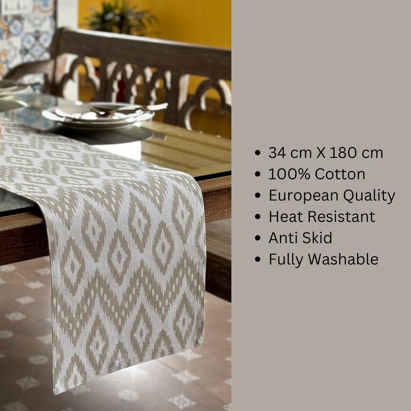 Oak & Lily Table Runner – Ivory & Beige Ikat Print | 100% Cotton | Premium European Quality