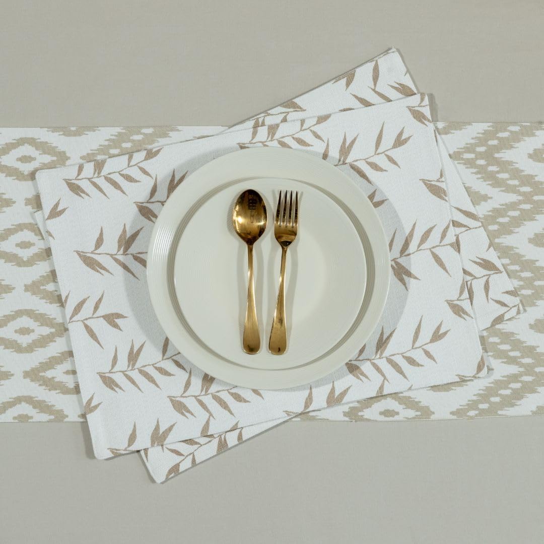 Oak & Lily Ivory & Beige Ikat Print 1 Table Runner & 2 Placemats Set Beige & Ivory Leaf Print