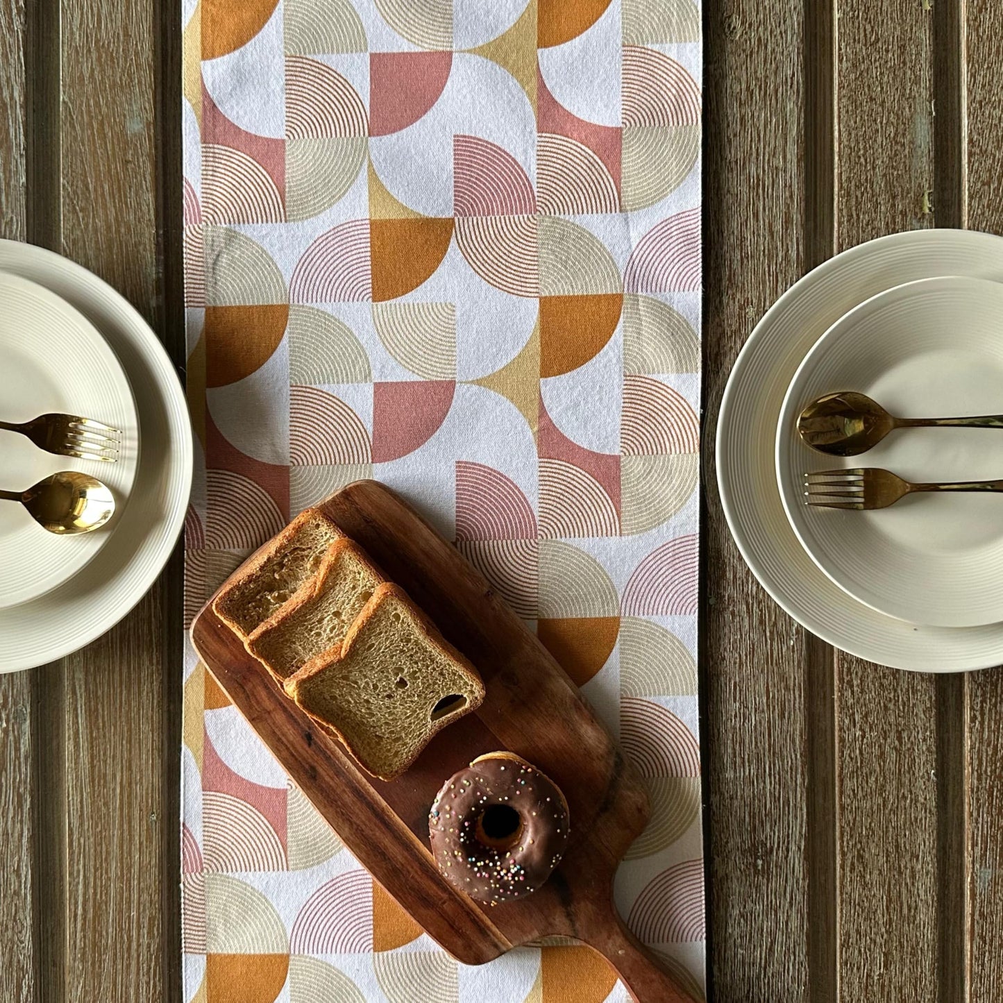 Oak & Lily Table Runner – Rust & Mustard Abstract Geometric Print | 100% Cotton | Premium European Quality