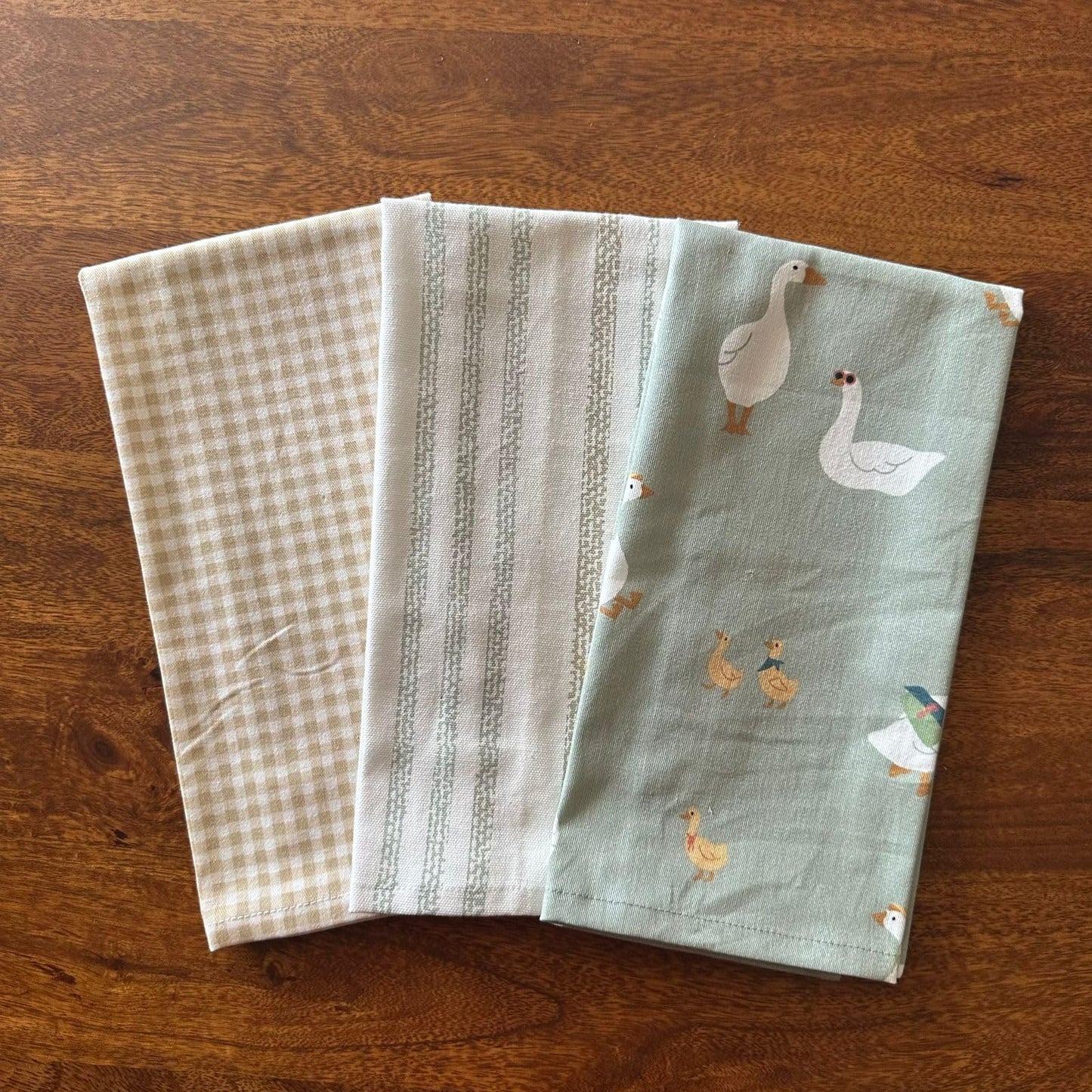 Oak & Lily Kitchen Towels – Green Duck, Stripes & Check Prints | Set of 3 | 100% Cotton | Super Absorbent | Premium Quality