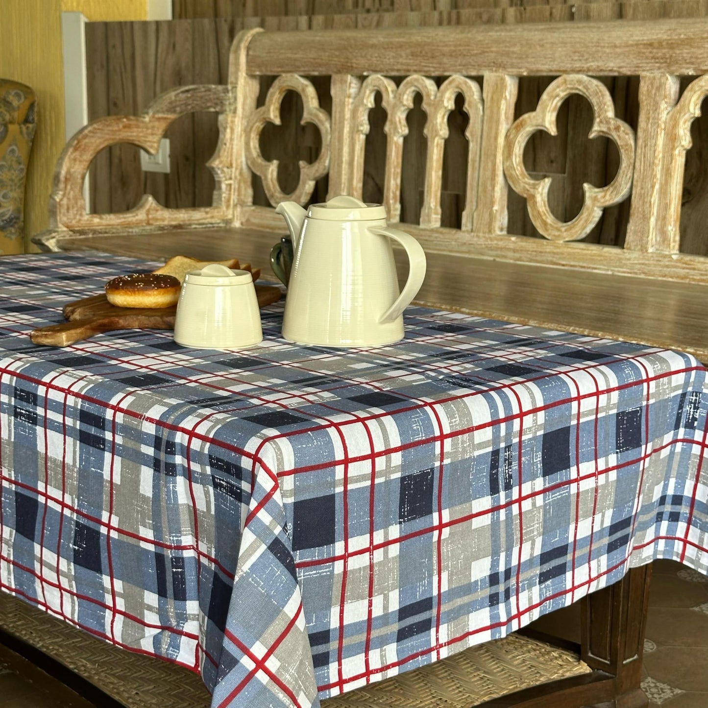 Oak & Lily Table Cloth – Elegant Blue Check Print | 100% Cotton | Anti-Slip | Premium European Quality | Washable Centre Table Cover