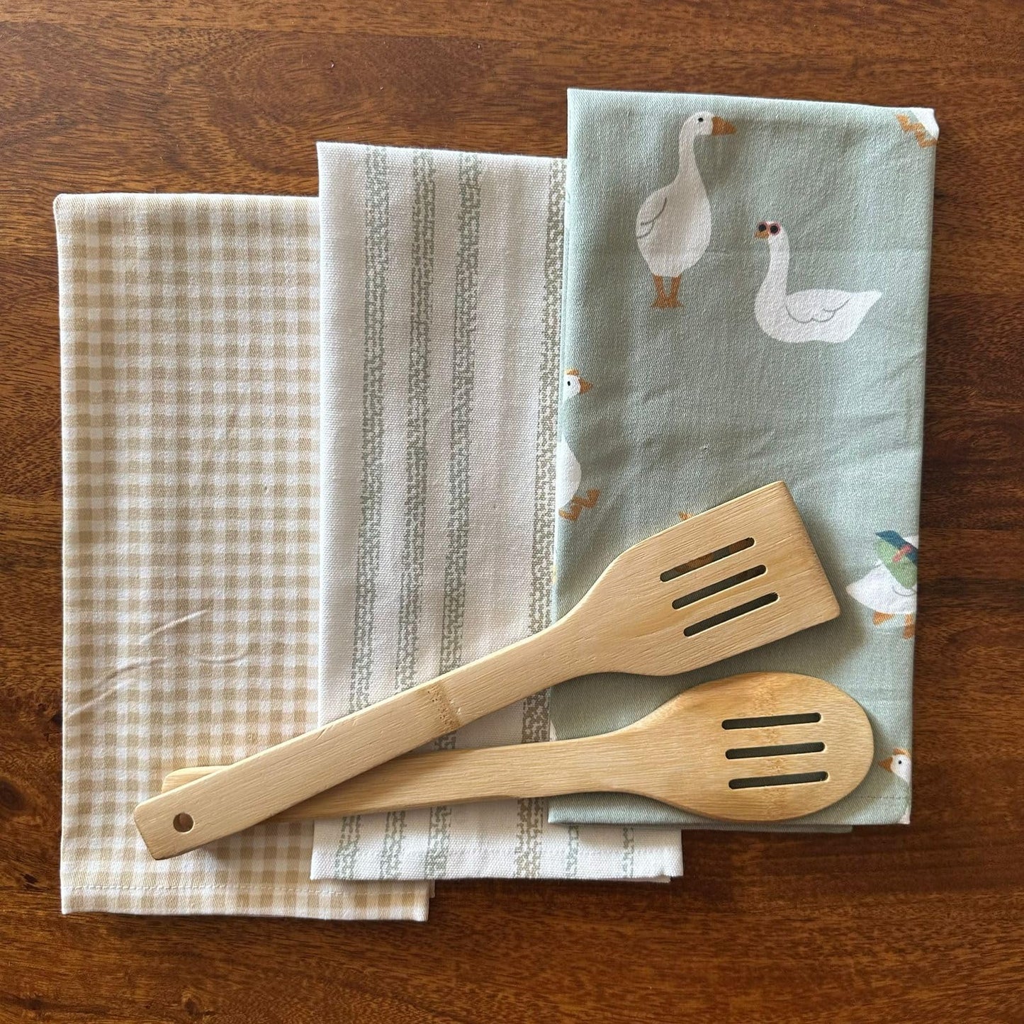 Oak & Lily Kitchen Towels – Green Duck, Stripes & Check Prints | Set of 3 | 100% Cotton | Super Absorbent | Premium Quality