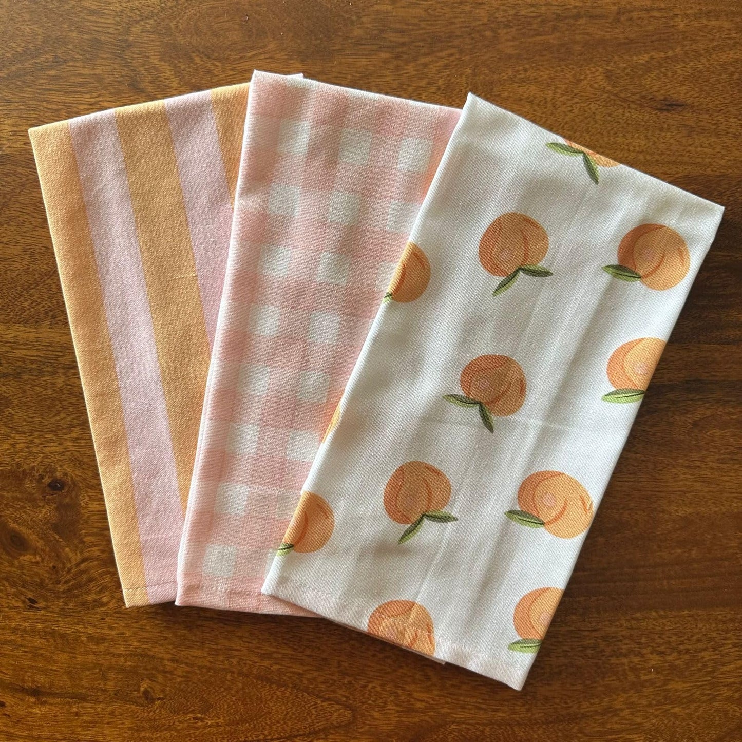 Oak & Lily Kitchen Towels – Peach, Pink Checks & Stripe Print | Set of 3 | 100% Cotton | Super Absorbent | Premium Quality