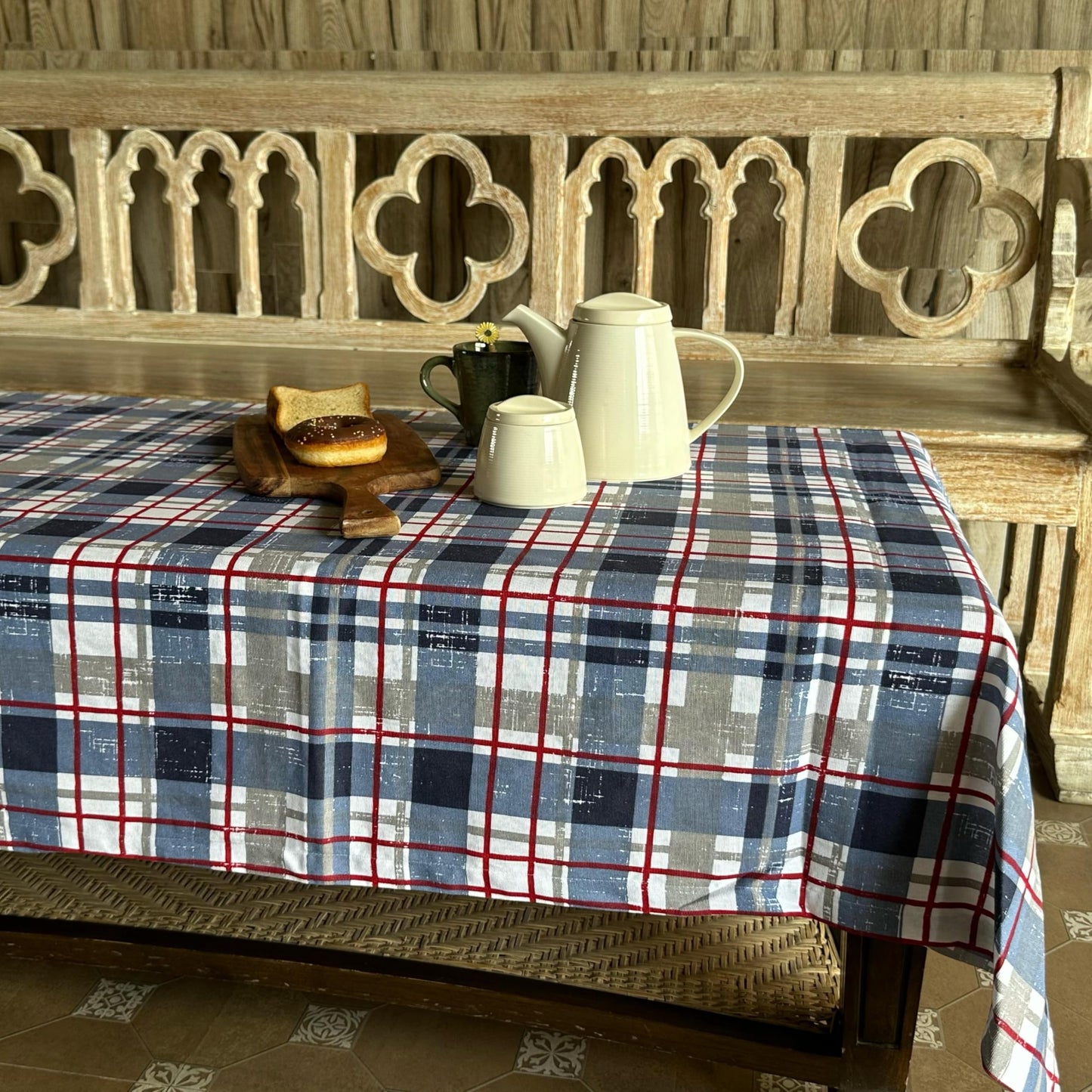 Oak & Lily Table Cloth – Elegant Blue Check Print | 100% Cotton | Anti-Slip | Premium European Quality | Washable Centre Table Cover