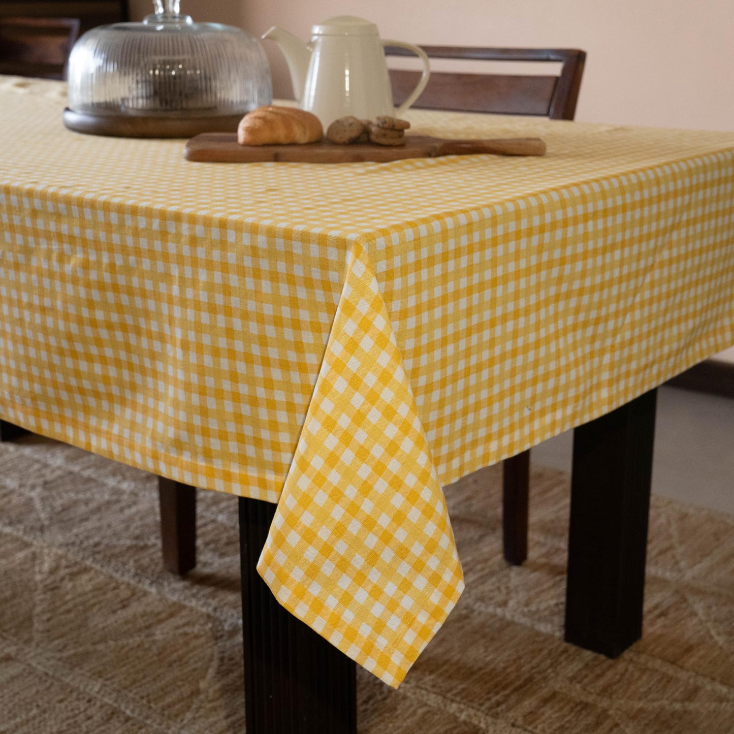 Oak & Lily Table Cloth – Yellow & White Check Print | 100% Cotton | Anti-Slip | Premium European Quality | Dining Table Cover