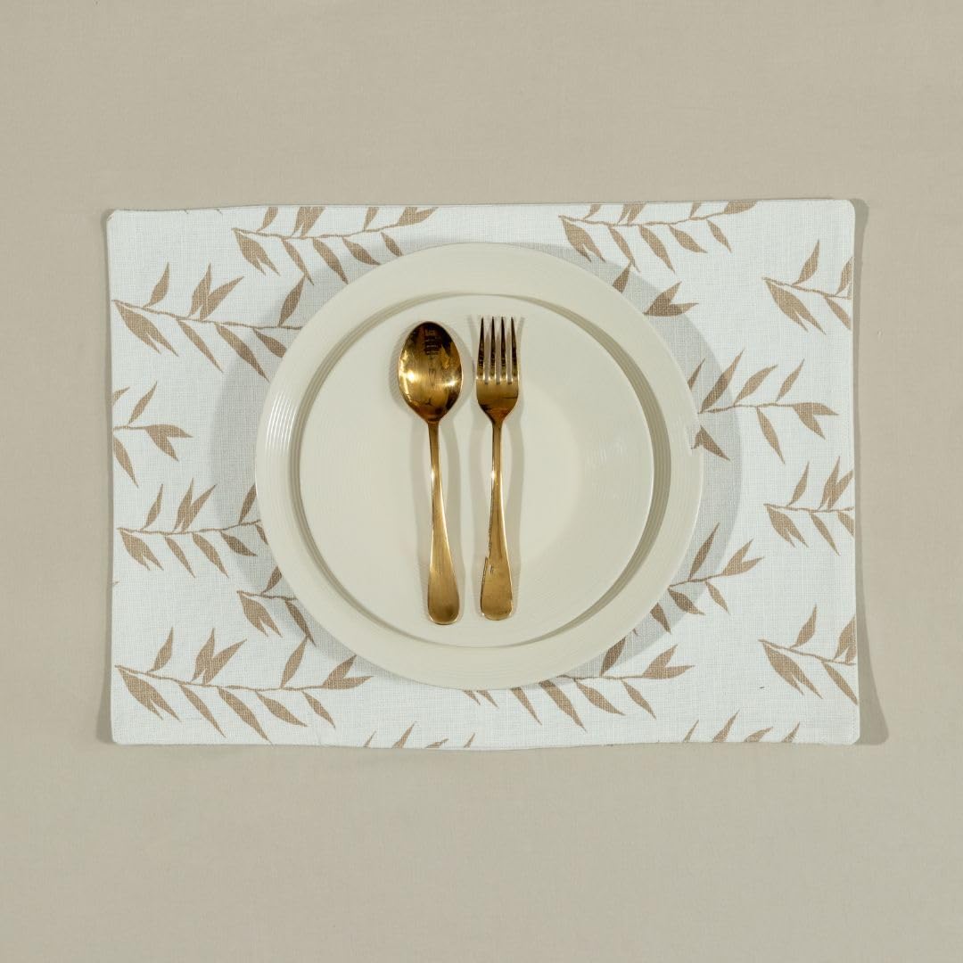 Oak & Lily Ivory & Beige Ikat Print 1 Table Runner & 2 Placemats Set Beige & Ivory Leaf Print