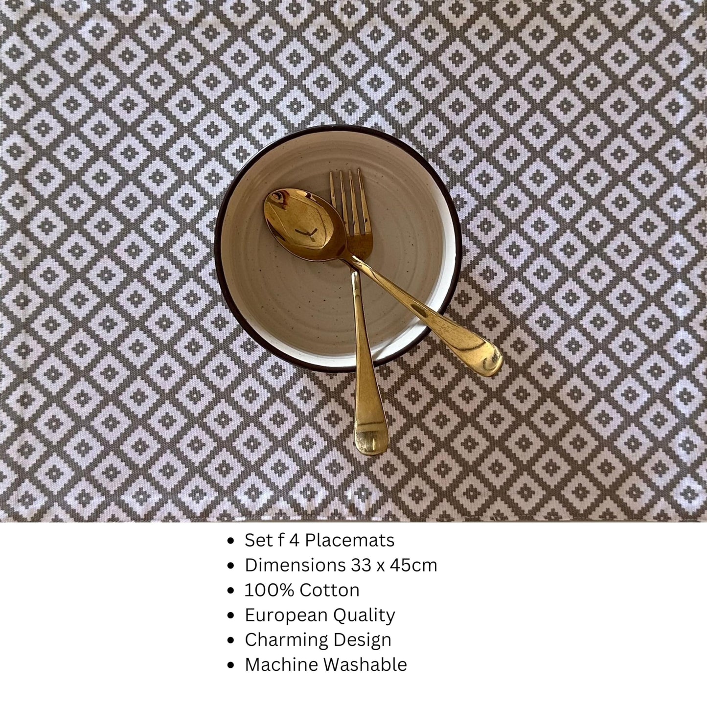 Oak & Lily Placemats – White & Grey Geometric Diamond Print | 100% Cotton | Heat Resistant | Premium European Quality