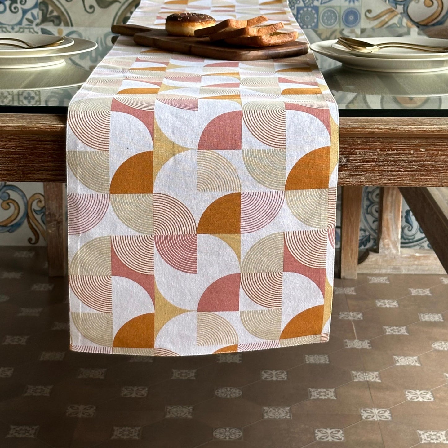 Oak & Lily Table Runner – Rust & Mustard Abstract Geometric Print | 100% Cotton | Premium European Quality
