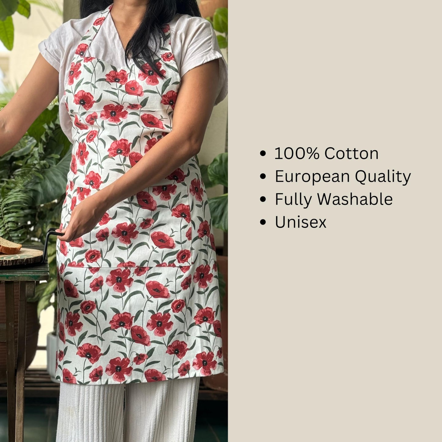 Oak & Lily Apron – Red Poppy Flower | 100% Cotton | Stylish & Washable | Unisex Fit