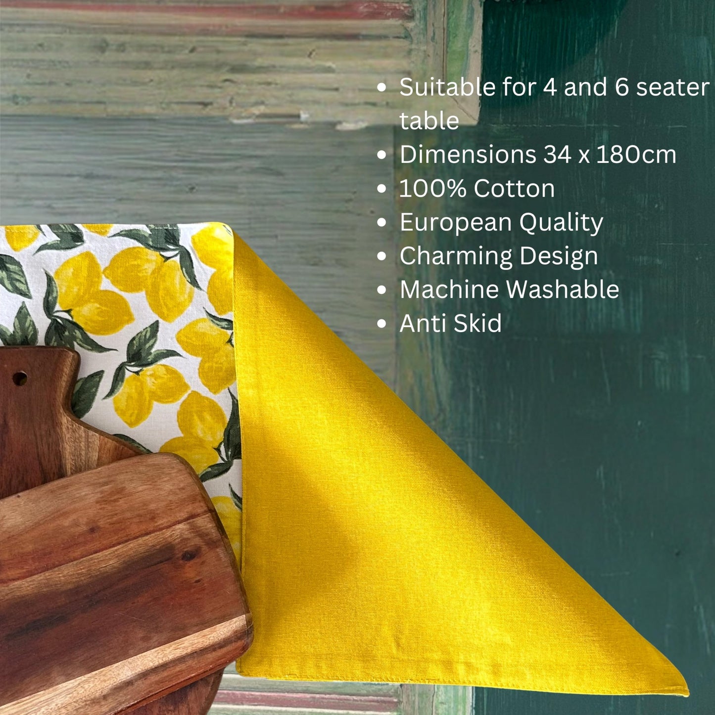 Oak & Lily Table Runner – Yellow & Green Lemon Print | 100% Cotton | Premium European Quality