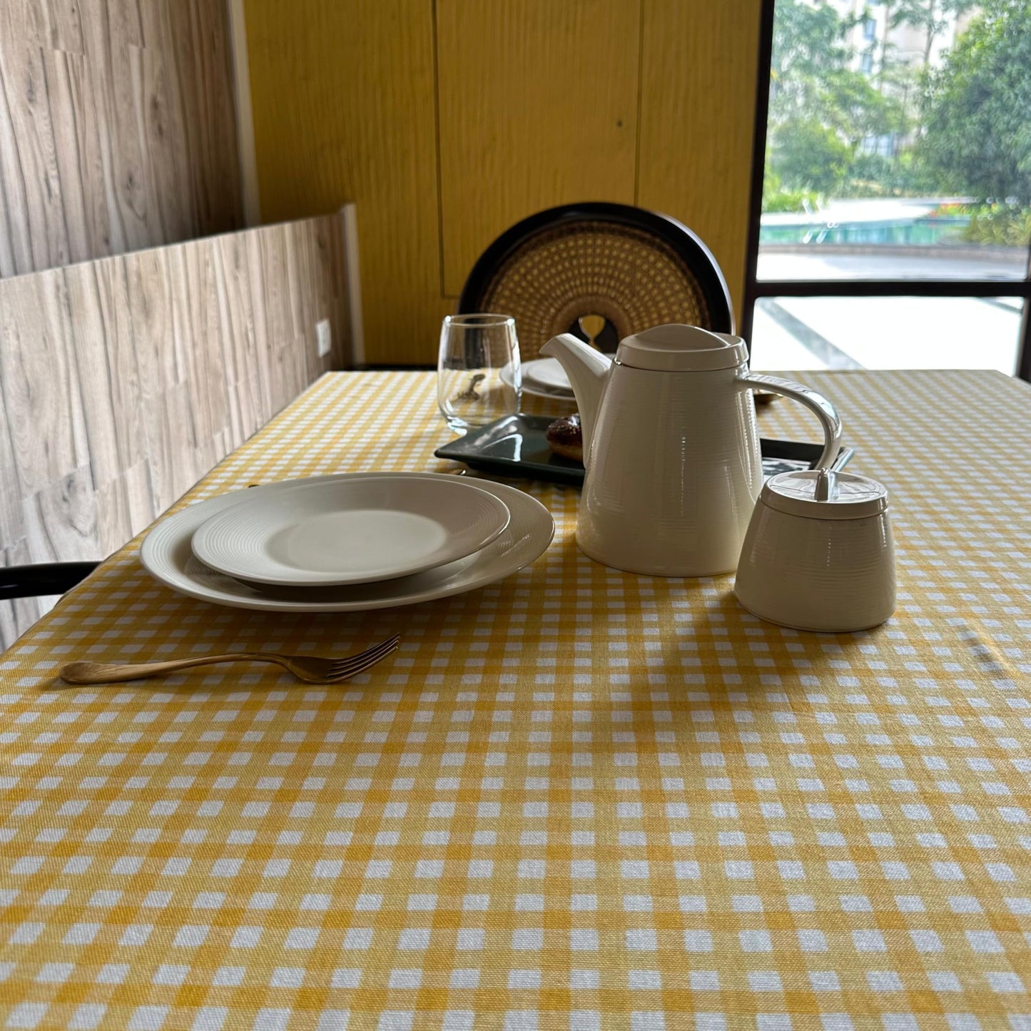 Oak & Lily Table Cloth – Yellow & White Check Print | 100% Cotton | Anti-Slip | Premium European Quality | Dining Table Cover