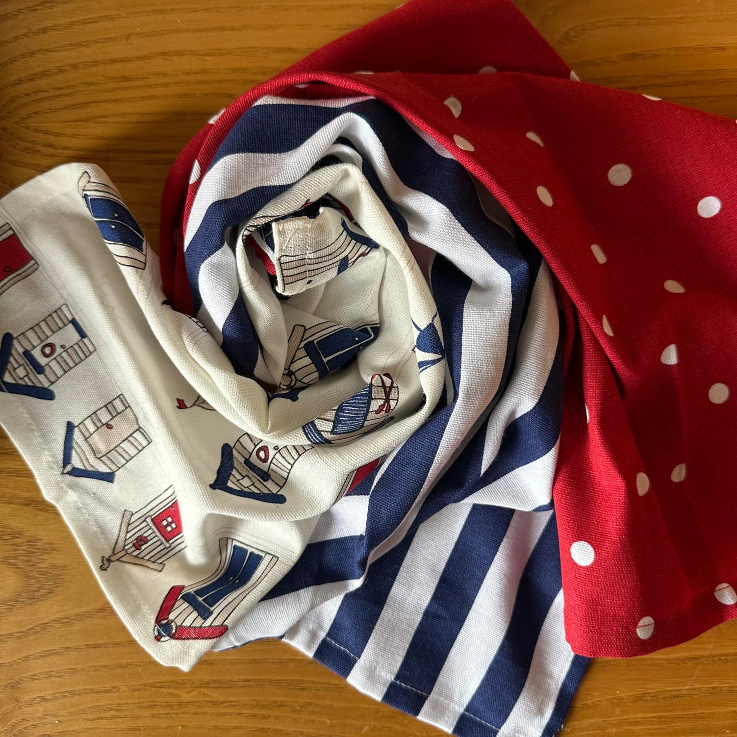 Oak & Lily Kitchen Towels – Red Polka, Beach Hut & Navy Stripes | Set of 6 | 100% Cotton | European Quality | Super Absorbent