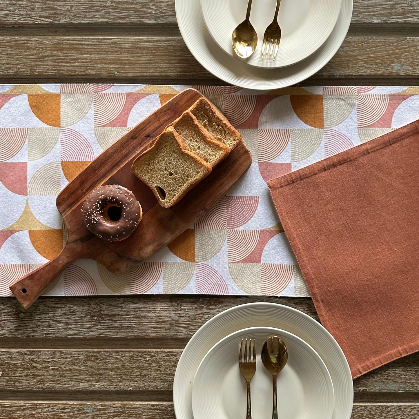 Oak & Lily Table Runner – Rust & Mustard Abstract Geometric Print | 100% Cotton | Premium European Quality