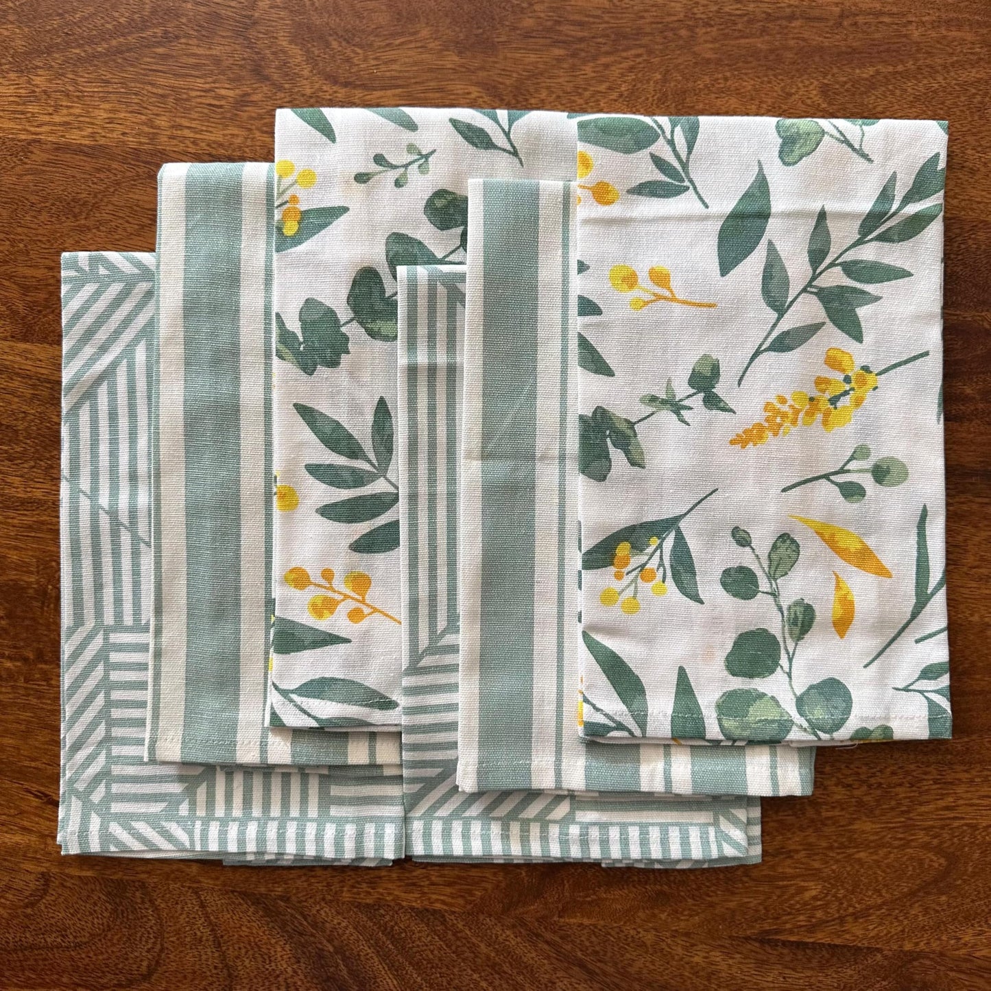 Oak & Lily Kitchen Towels – Sage Green Leaf & Stripes | Set of 6 | 100% Cotton | Anti-Bacterial | Premium European Quality