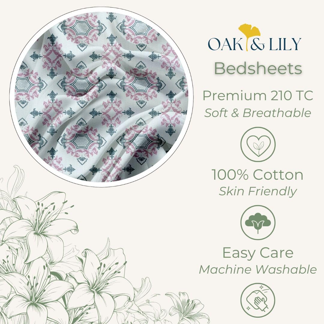 Oak & Lily King Size Bedsheet – Paradise Charm Blue & Pink | 210 TC | 100% Cotton | 2 Pillow Covers | Soft, Breathable, European Quality