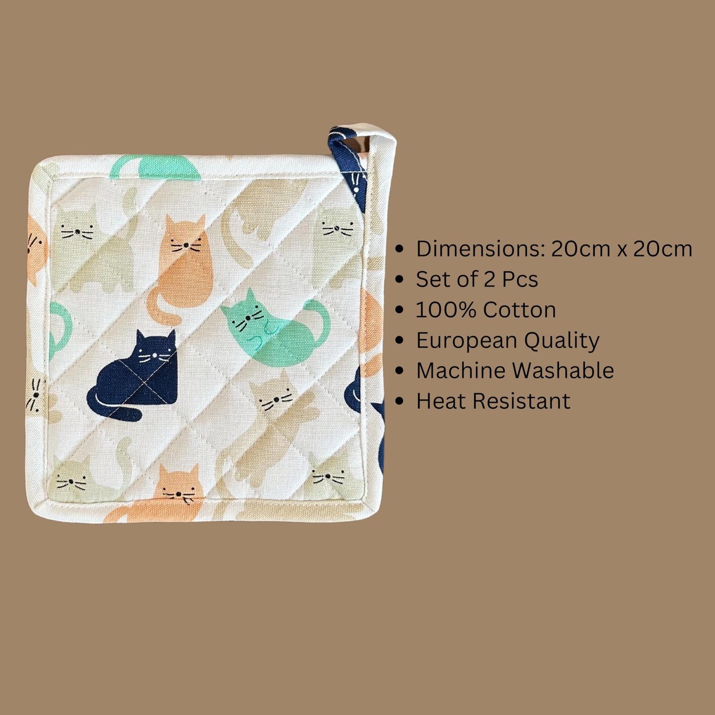 Oak & Lily Pot Holders – Multicolour Quirky Cat Print | Set of 2 | 100% Cotton | Heat Resistant | European Quality