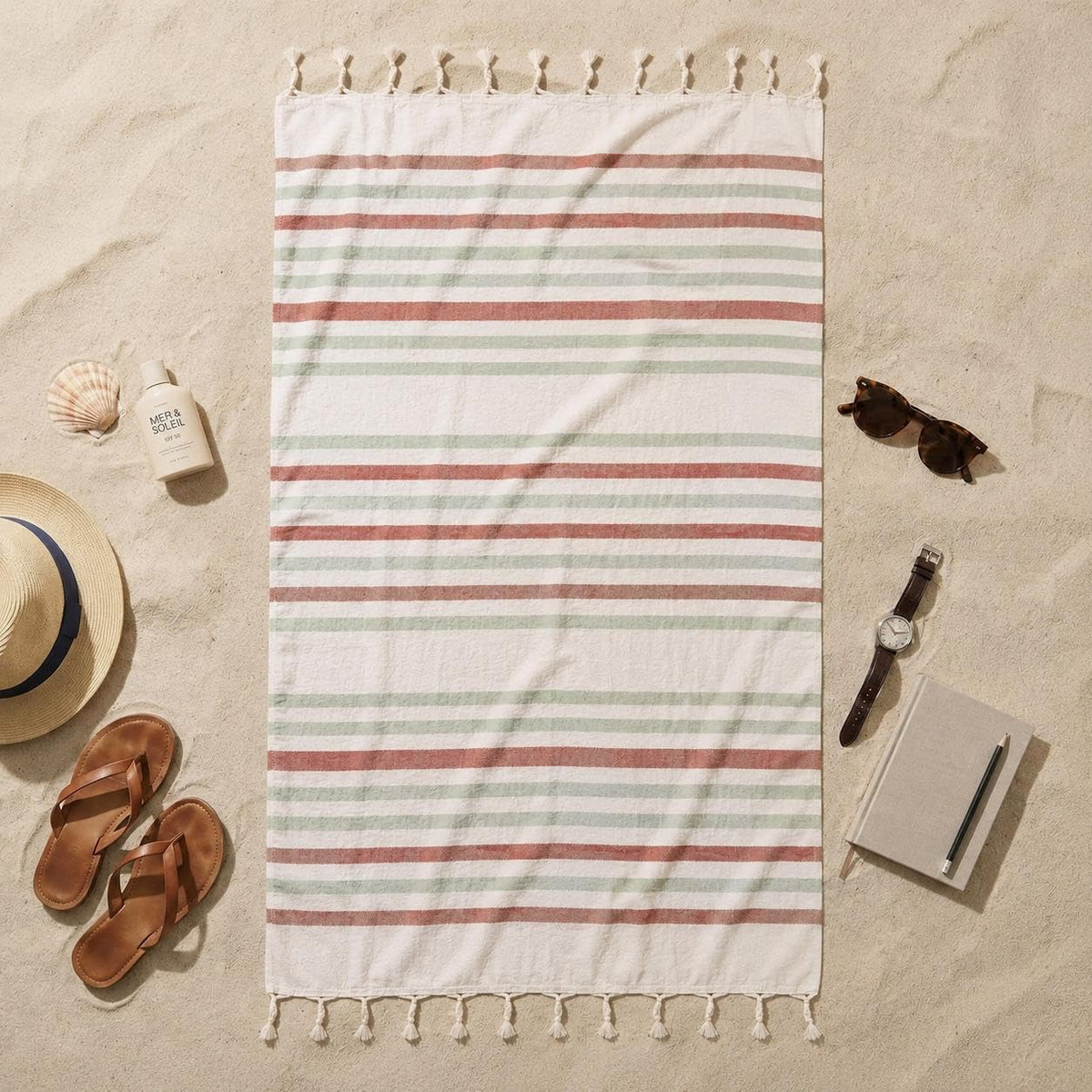 Oak&Lily Crafted Cotton Beach Towel | Large Size | 120 x 150 cm| Soft & Quick-Dry Towel for Men & Women | Green & Brown Stripes Print