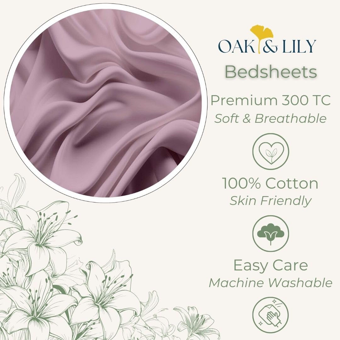 Oak & Lily King Size Elastic Fitted Bedsheet – Solid Dusky Pink | 300 TC | 100% Cotton | 2 Pillow Covers | Soft, Breathable, Premium European Quality