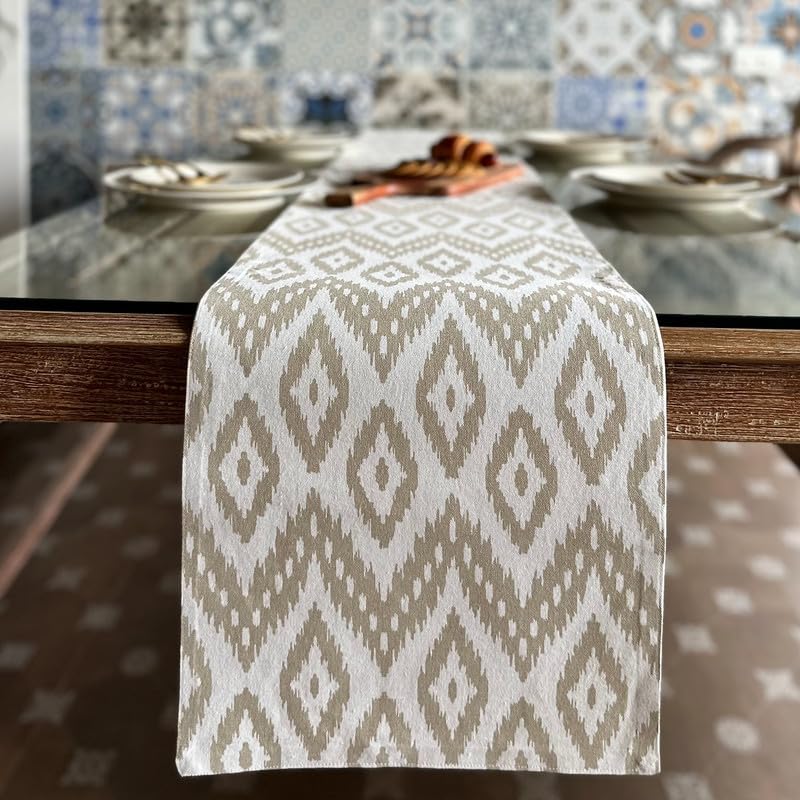 Oak & Lily Table Runner – Ivory & Beige Ikat Print | 100% Cotton | Premium European Quality