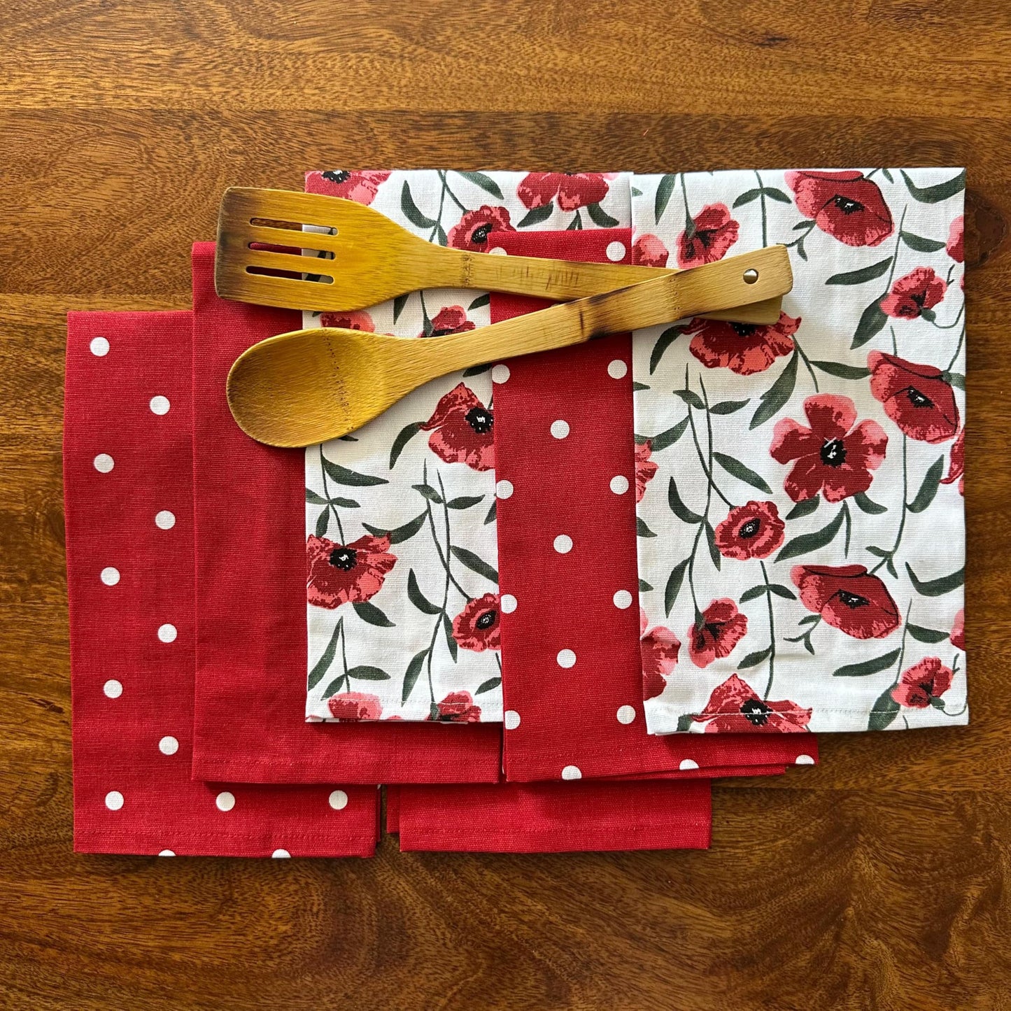 Oak & Lily Kitchen Towels – Red Poppy & Polka Print | Set of 6 | 100% Cotton | Anti-Bacterial | Premium European Quality