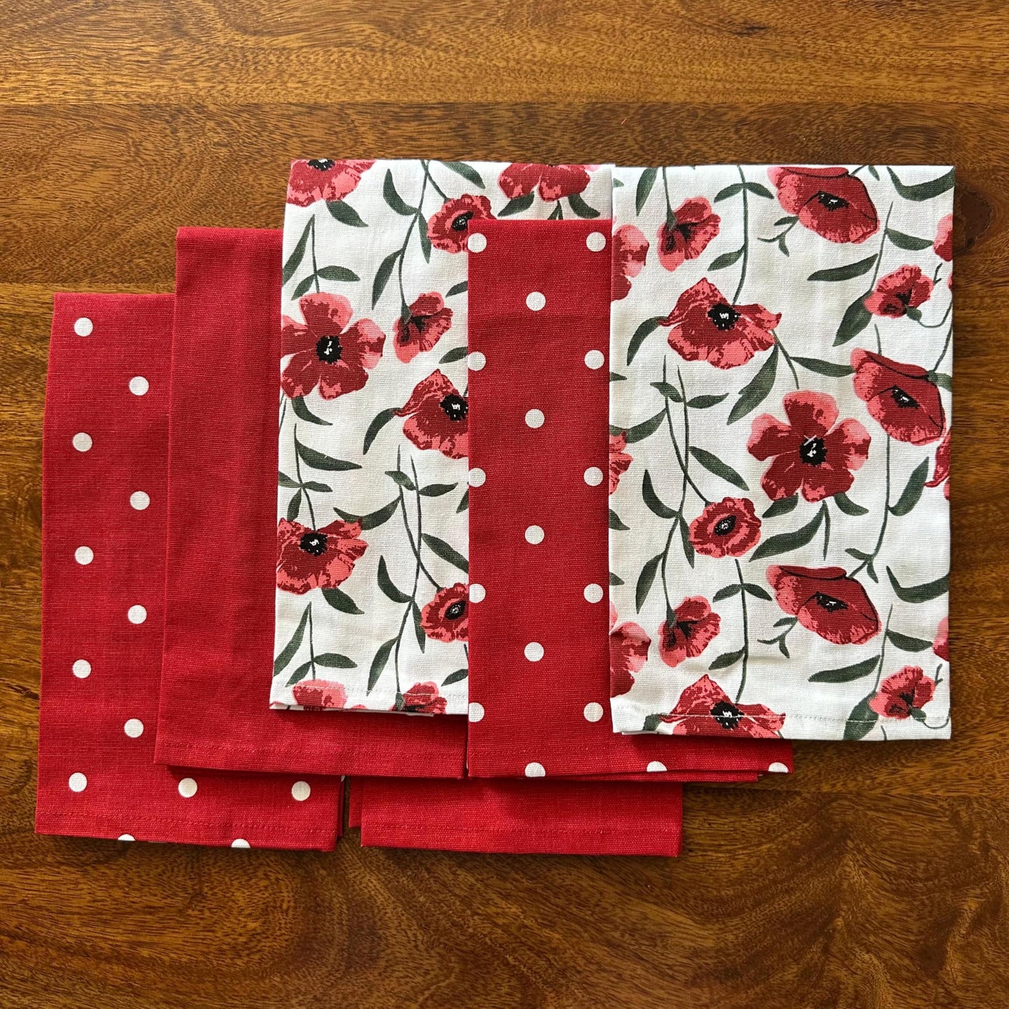 Oak & Lily Kitchen Towels – Red Poppy & Polka Print | Set of 6 | 100% Cotton | Anti-Bacterial | Premium European Quality