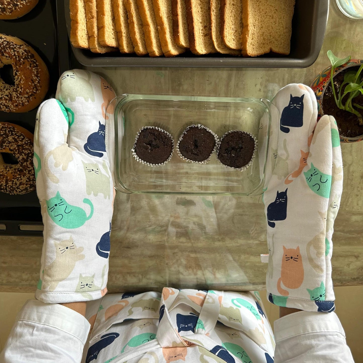 Oak & Lily Combo Set – Multicolor Cat Print Oven Mittens & Pot Holders | 100% Cotton | Heat Resistant & Cushioned | European Quality
