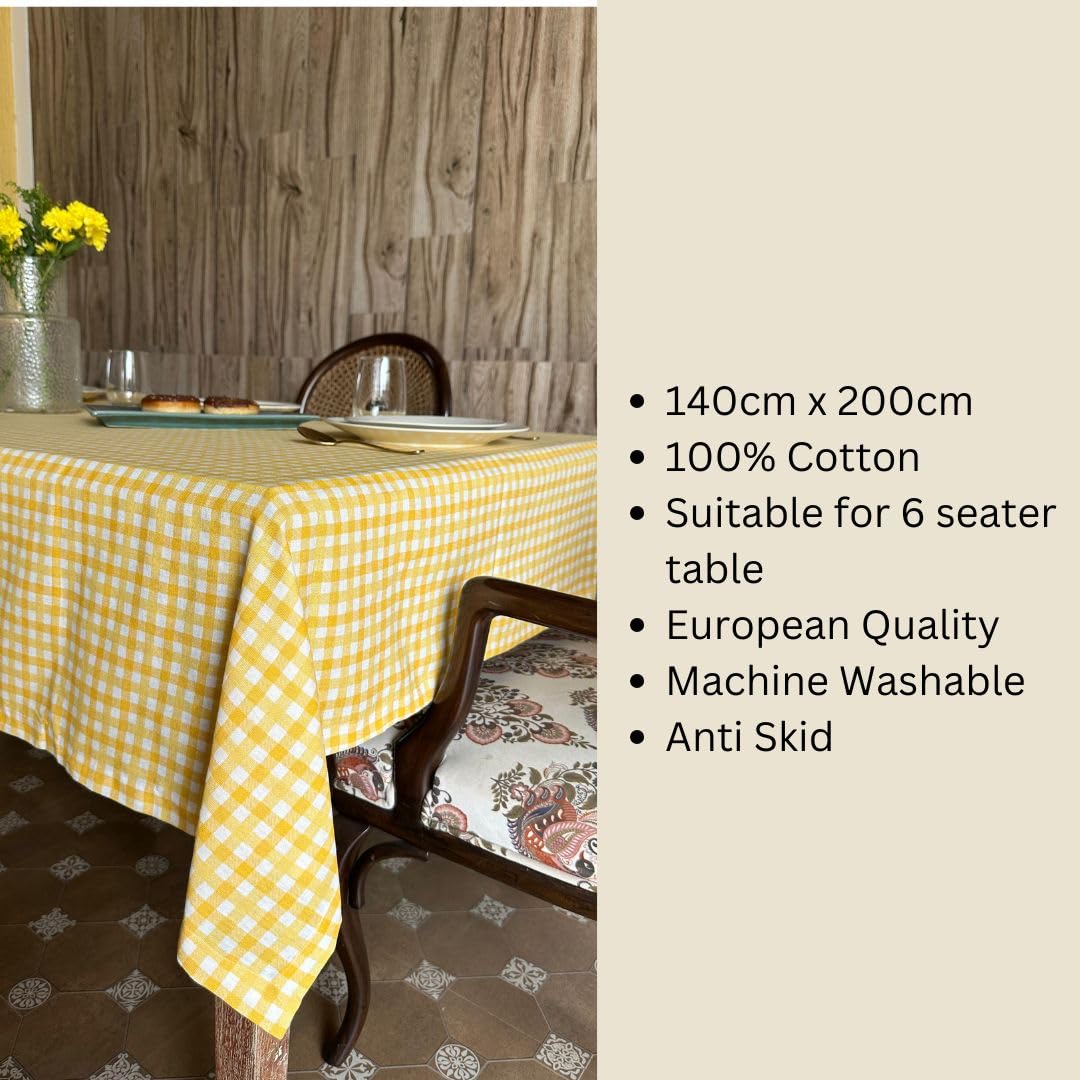 Oak & Lily Table Cloth – Yellow & White Check Print | 100% Cotton | Anti-Slip | Premium European Quality | Dining Table Cover