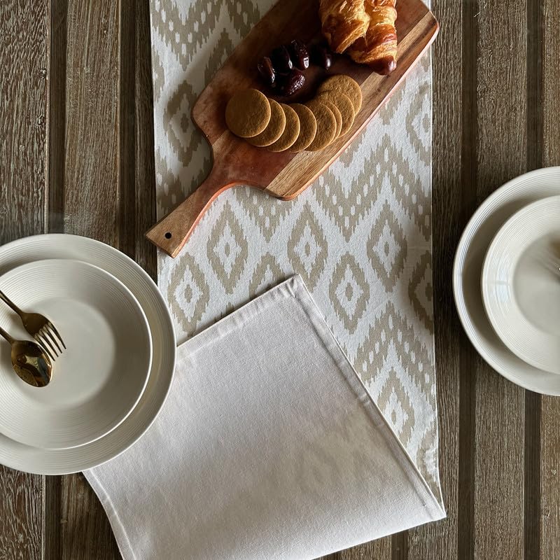 Oak & Lily Table Runner – Ivory & Beige Ikat Print | 100% Cotton | Premium European Quality