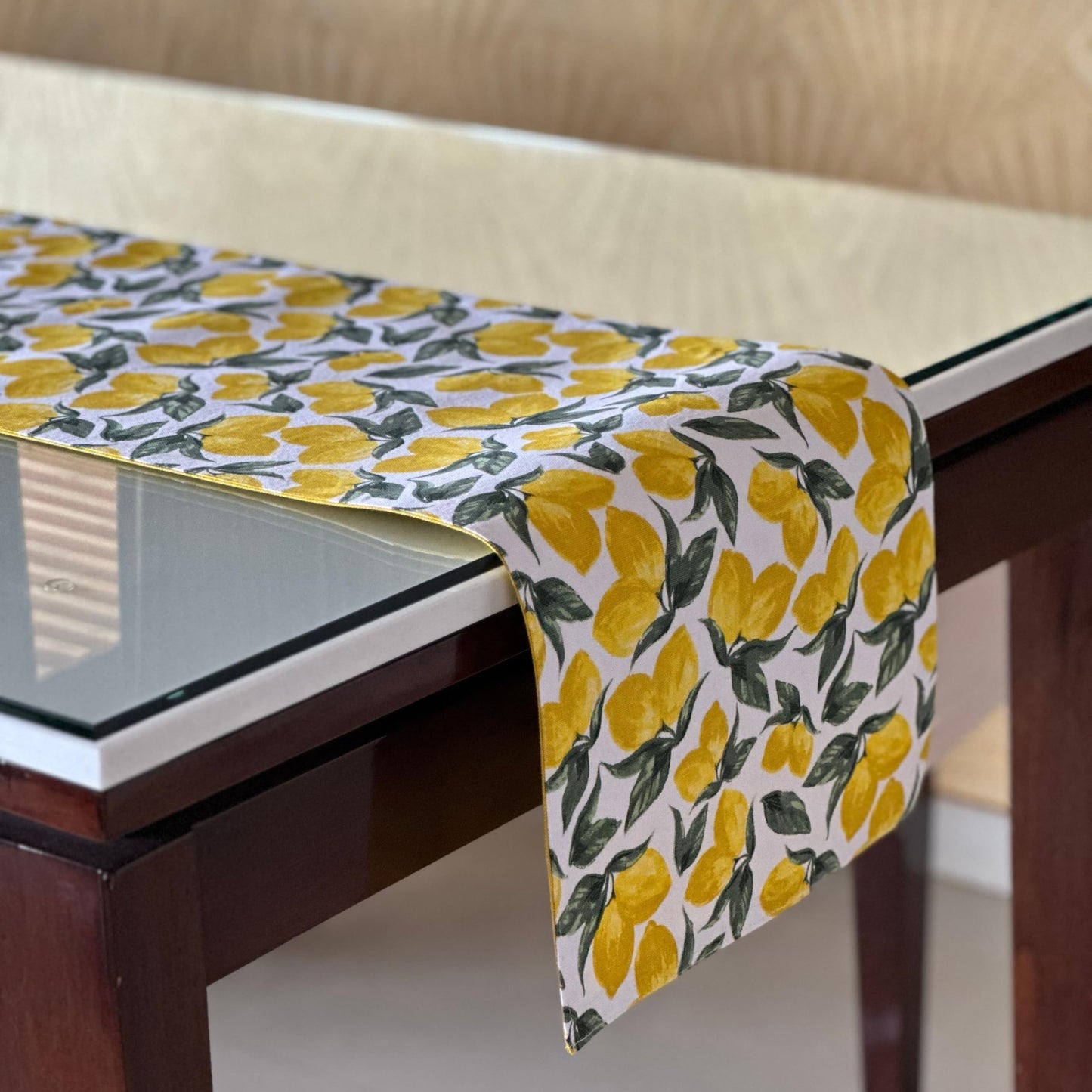 Oak & Lily Table Runner – Yellow & Green Lemon Print | 100% Cotton | Premium European Quality