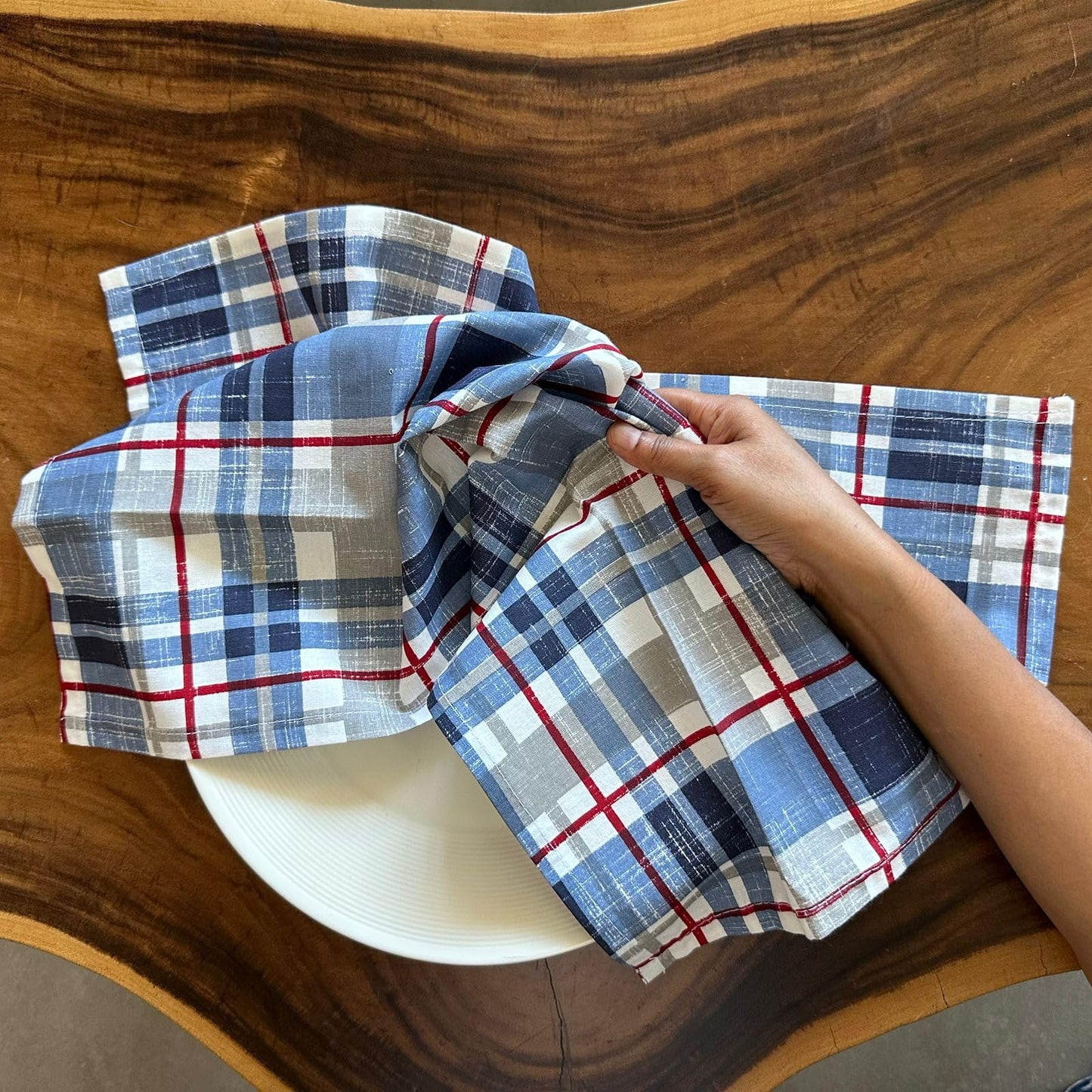 Oak & Lily Kitchen Towels – Blue Check & Elegant Patterns | Set of 6 | 100% Cotton | Anti-Bacterial | Premium European Quality