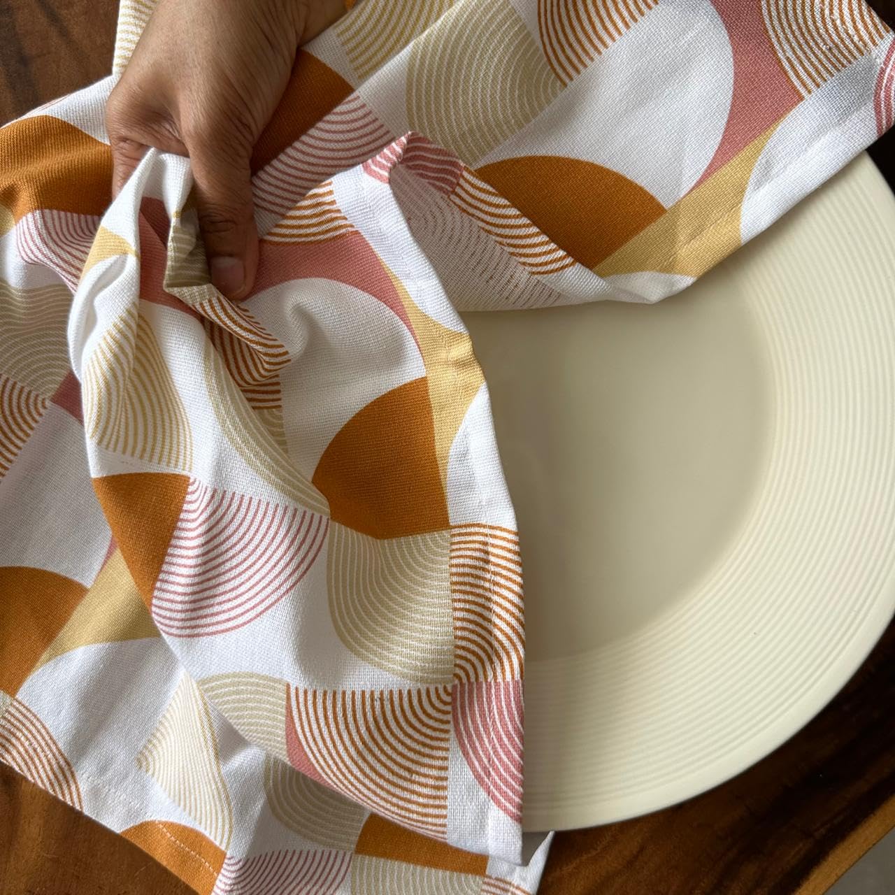 Oak & Lily Kitchen Towels – Rust Abstract & Yellow Check | Set of 6 | 100% Cotton | Premium European Quality | Anti-Bacterial