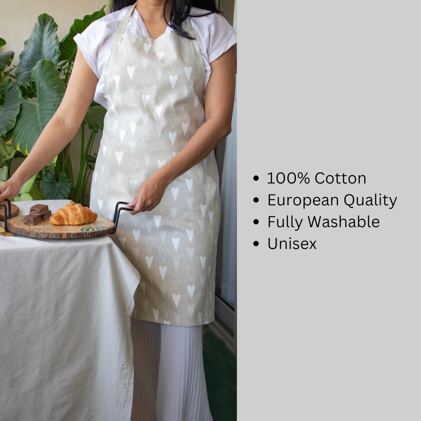 Oak & Lily Combo Set – Beige & Ivory Heart Print Apron, Oven Mittens & Pot Holders | 100% Cotton | Heat Resistant | European Quality