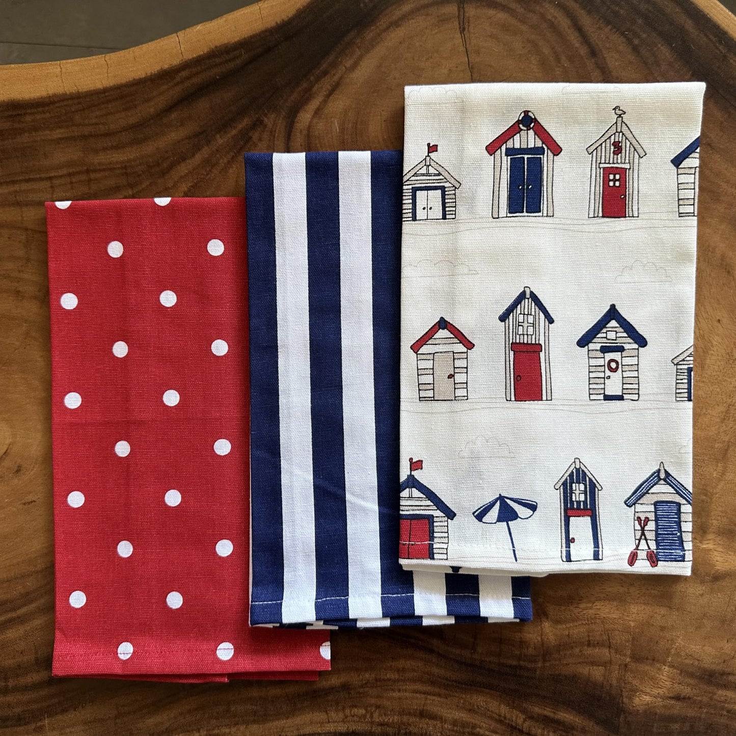 Oak & Lily Kitchen Towels – Red Polka, Beach Hut & Navy Stripes | Set of 6 | 100% Cotton | European Quality | Super Absorbent