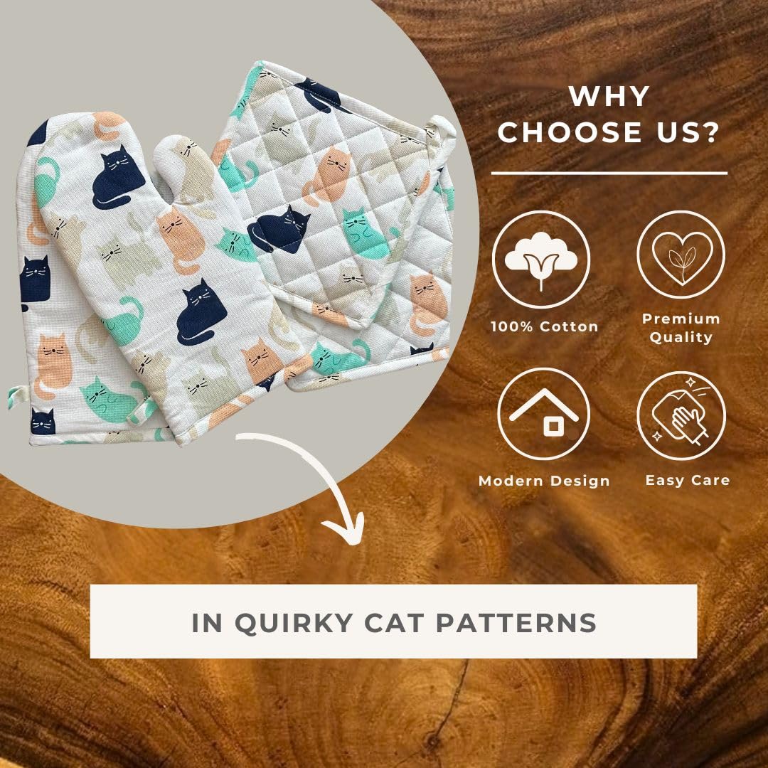 Oak & Lily Combo Set – Multicolor Cat Print Oven Mittens & Pot Holders | 100% Cotton | Heat Resistant & Cushioned | European Quality