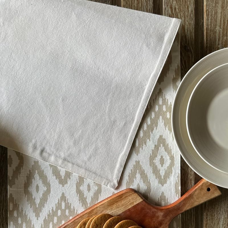 Oak & Lily Table Runner – Ivory & Beige Ikat Print | 100% Cotton | Premium European Quality