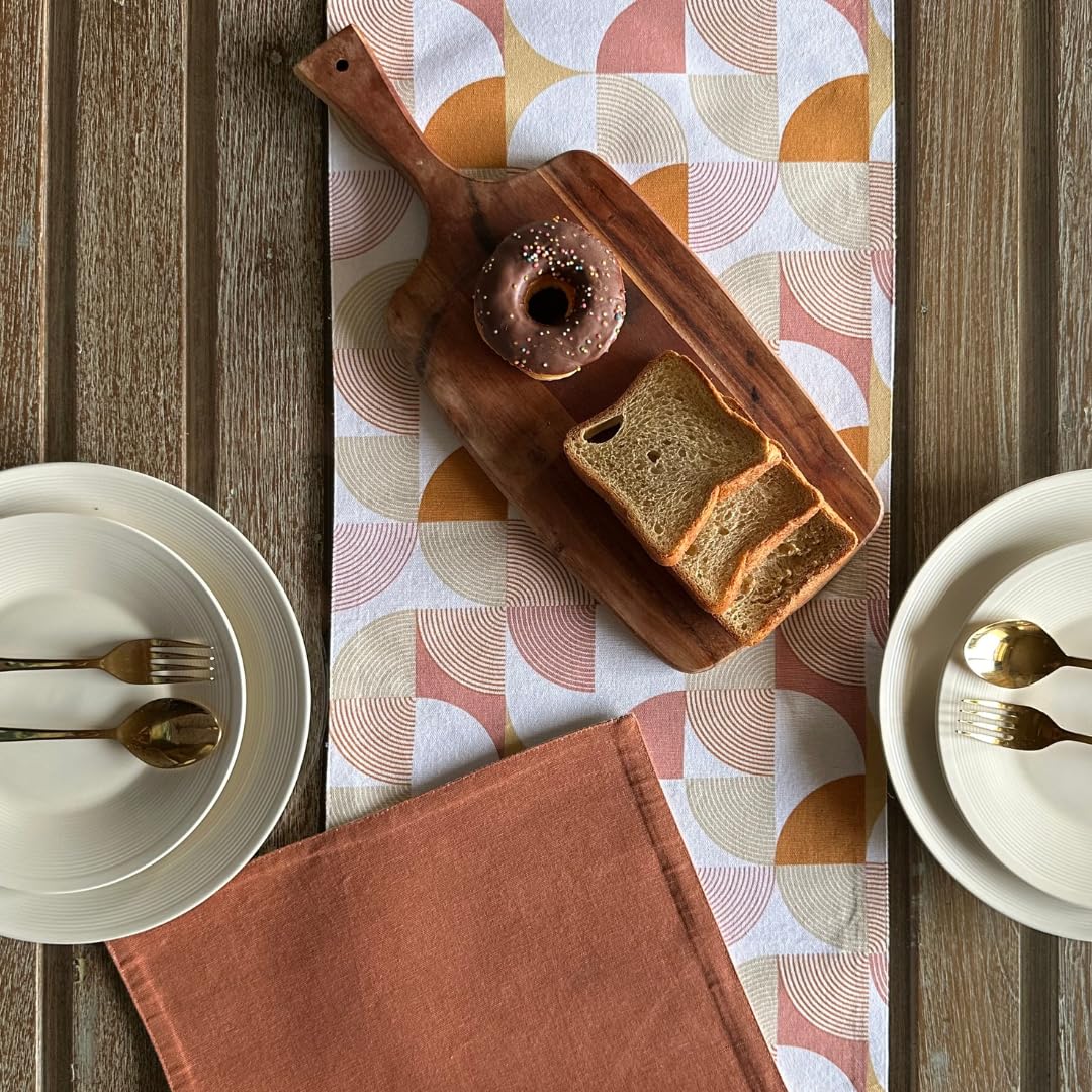 Oak & Lily Table Runner – Rust & Mustard Abstract Geometric Print | 100% Cotton | Premium European Quality