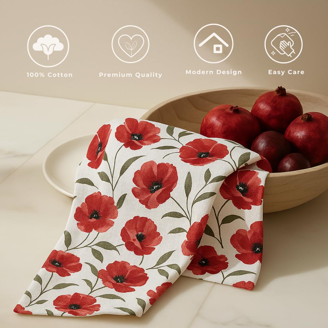 Oak & Lily Kitchen Towels – Red Poppy & Polka Print | Set of 6 | 100% Cotton | Anti-Bacterial | Premium European Quality