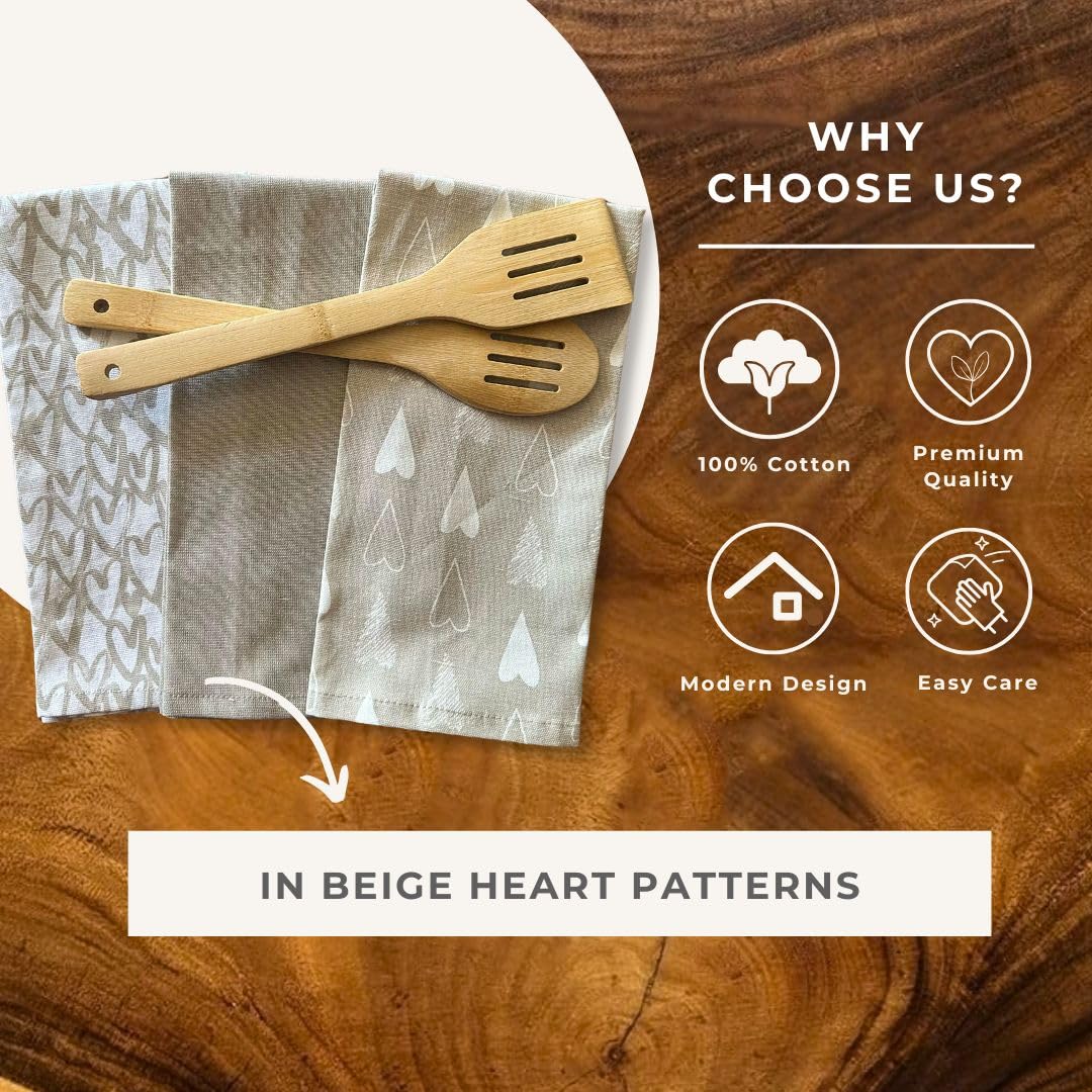 Oak & Lily Kitchen Towels – Beige & Ivory Heart Print | Set of 6 | 100% Cotton | Super Absorbent | Premium Quality