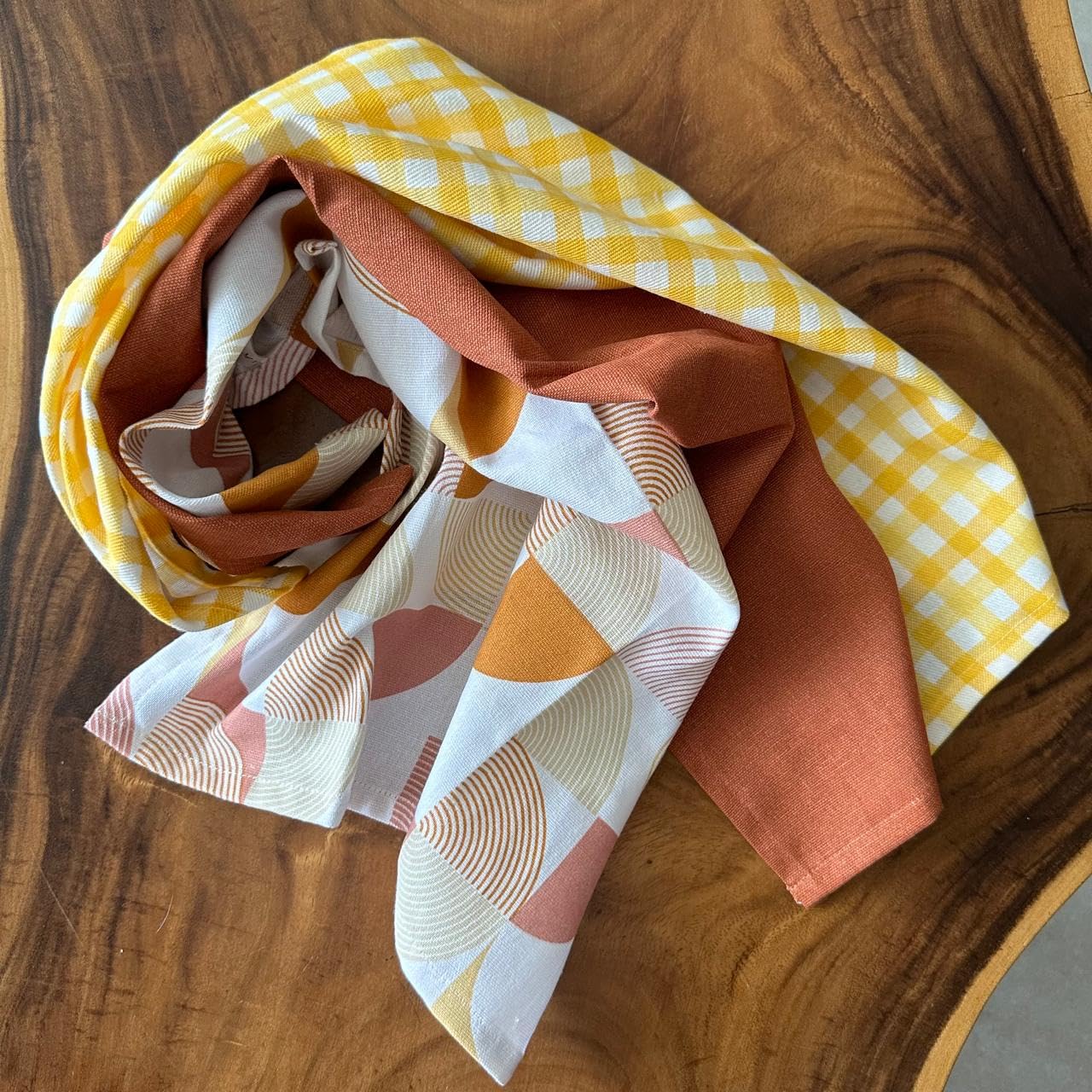 Oak & Lily Kitchen Towels – Rust Abstract & Yellow Check | Set of 6 | 100% Cotton | Premium European Quality | Anti-Bacterial