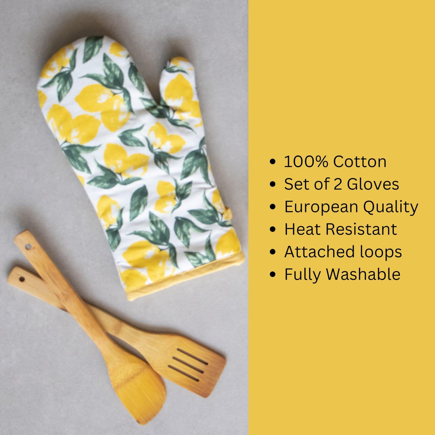 Oak & Lily Combo Set – Lemon Print Oven Mittens & Pot Holders | 100% Cotton | Heat Resistant & Cushioned | European Quality