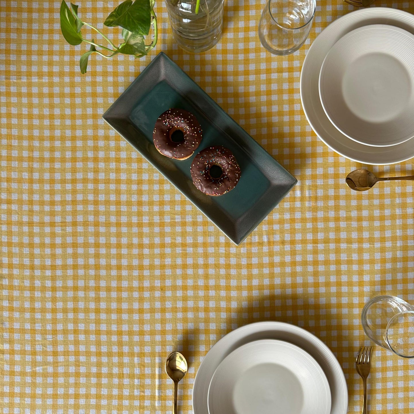 Oak & Lily Table Cloth – Yellow & White Check Print | 100% Cotton | Anti-Slip | Premium European Quality | Dining Table Cover