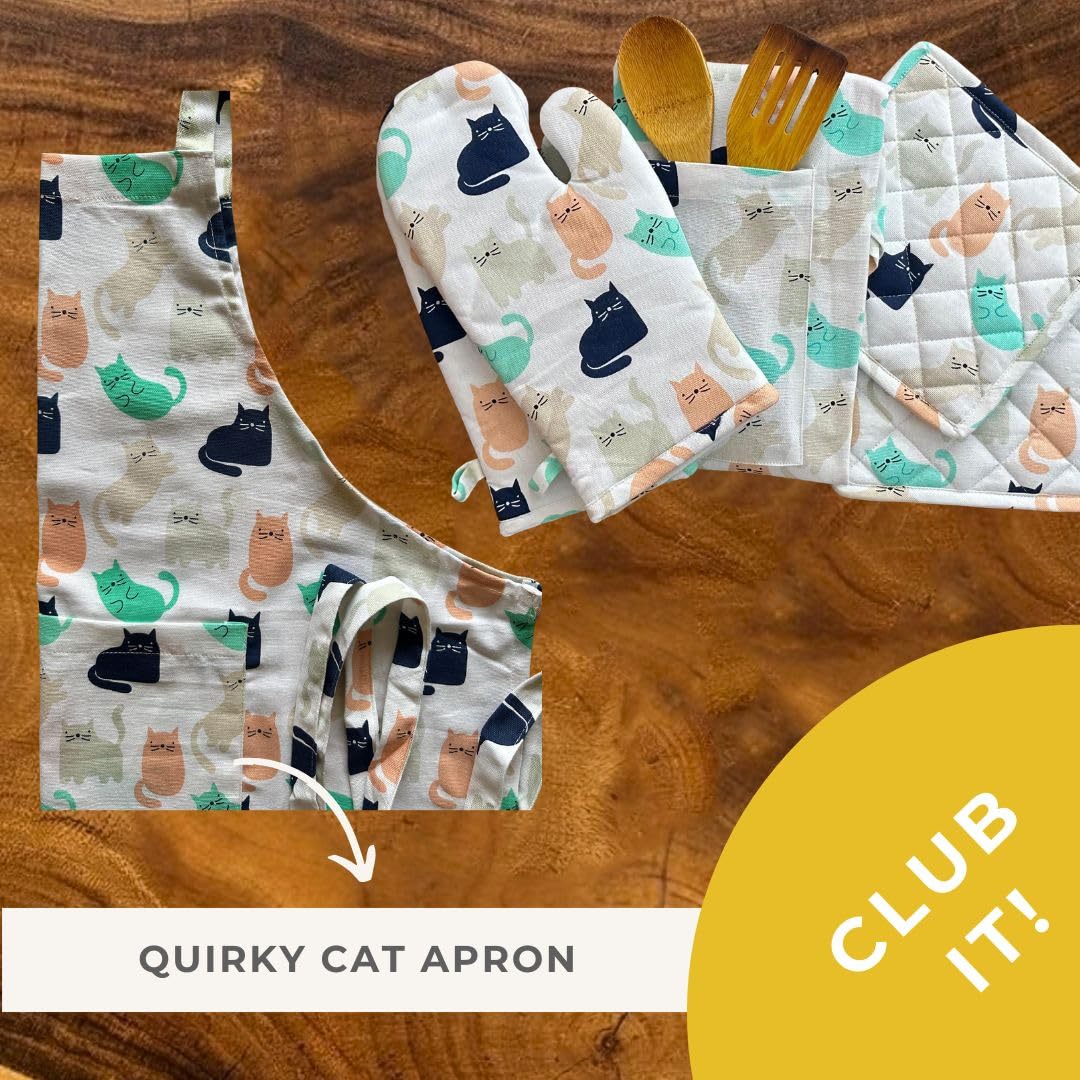 Oak & Lily Combo Set – Multicolor Cat Print Oven Mittens & Pot Holders | 100% Cotton | Heat Resistant & Cushioned | European Quality